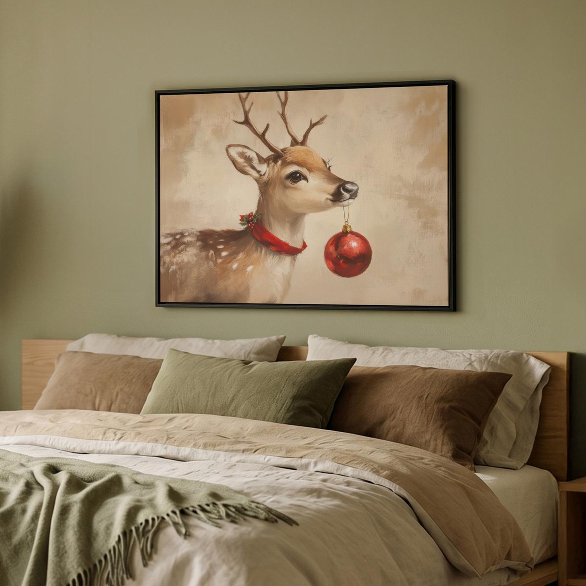 LEINWAND Bilder mit Rahmen - Weihnachten - Hirsch - Geweih - Weihnachtskugel - Rentier - 70x50 - Hellbraun, Textil (70/50cm) - MuchoWow