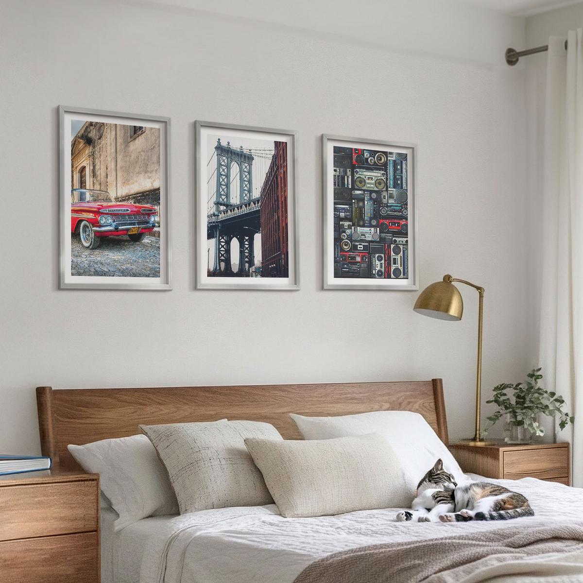 BILDER SET 3er Set - 40x60 cm Silberner Rahmen - Alte Autobrücke Brooklyn Retro-Audio - Silberfarben, Kunststoff (40/60cm) - TULUP
