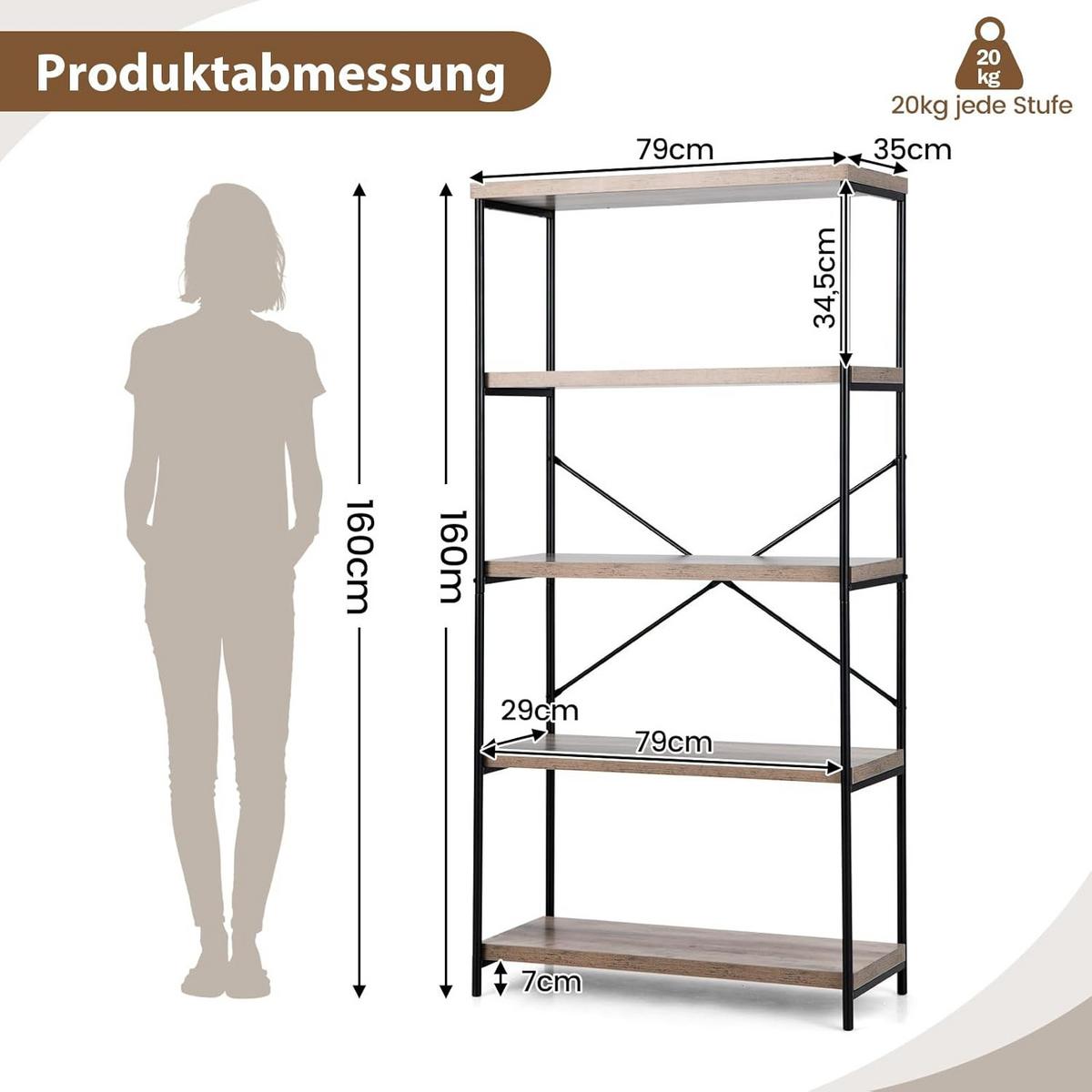 BUCHERREGAL Grau - Grau, Holz (79/160/35cm) - COSTWAY