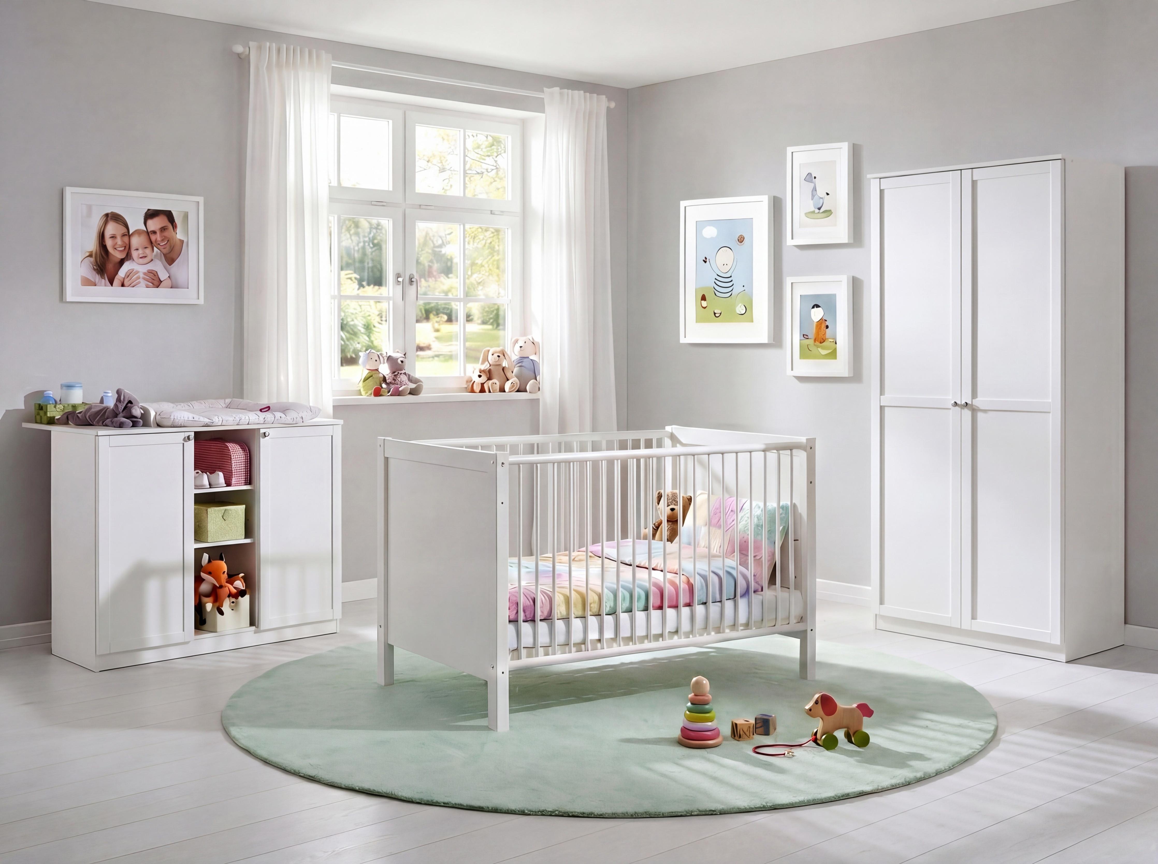 BABYZIMMER-SET 3-teilig: Babybett & Wickelkommode & Kleiderschrank 2-türig B90/H197/T58 cm, Soft-Close, Landhausstil Weiß / 22801 - Silberfarben/Weiß, Holzwerkstoff/Metall (76/83/146cm) - luma-home