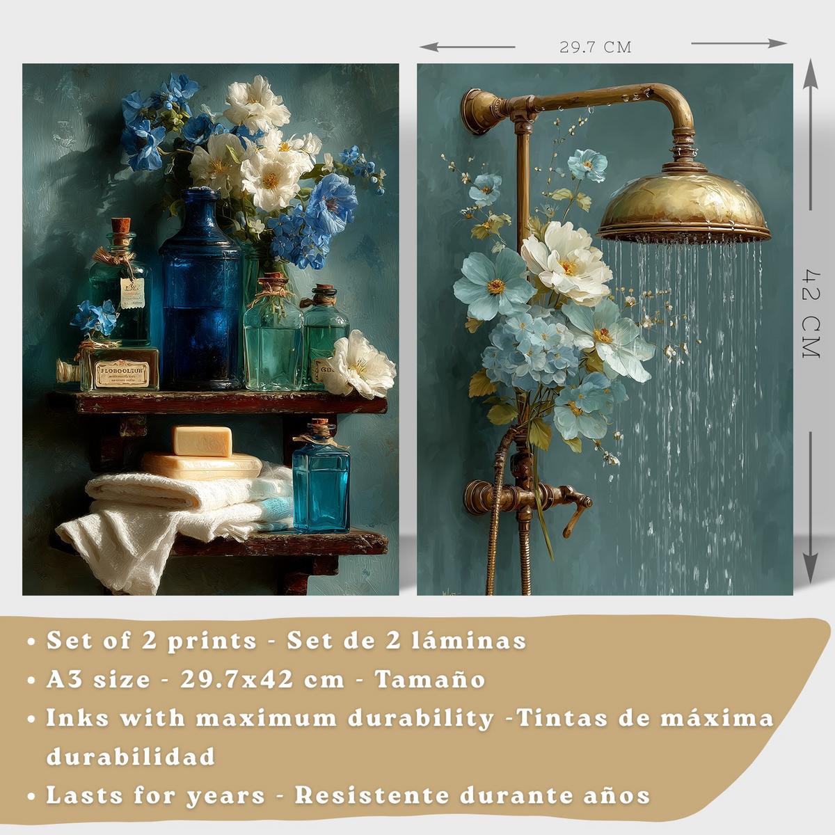 POSTER 2er-Set dekorative Badezimmer-Wandbilder, ästhetische Dusche und WC, Badezimmerdekoration mit Blumen Flaschen und Dusche Leichter Holzrahmen A3 - Beige, Papier (42/29.7/3cm) - Nacnic