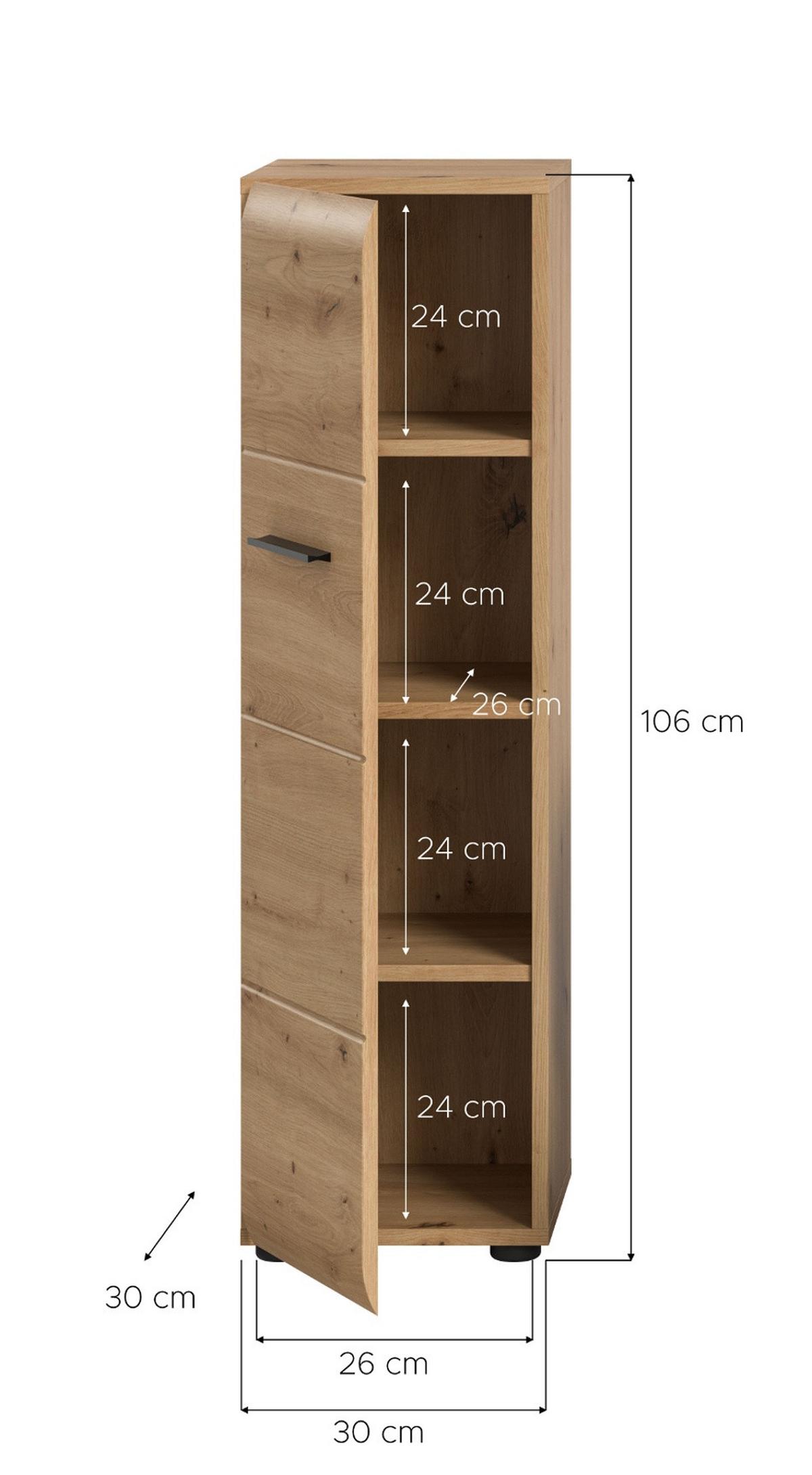 BADKOMMODE Eiche Artisan, Badezimmer Kommode hängend oder stehend 30 x 60 cm - Schwarz/Eiche Artisan, Holzwerkstoff/Kunststoff (30/106/30cm) - Inn.Furn