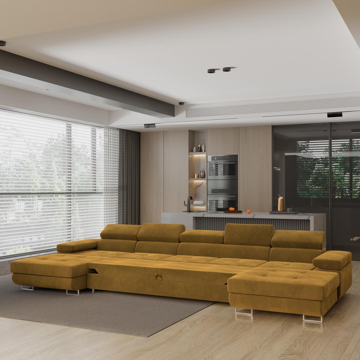 WOHNLANDSCHAFT OMBRA Gelb Velours-Stoff mit Schlaffunktion - Gelb, Holz (425/90/202cm) - MASSENO