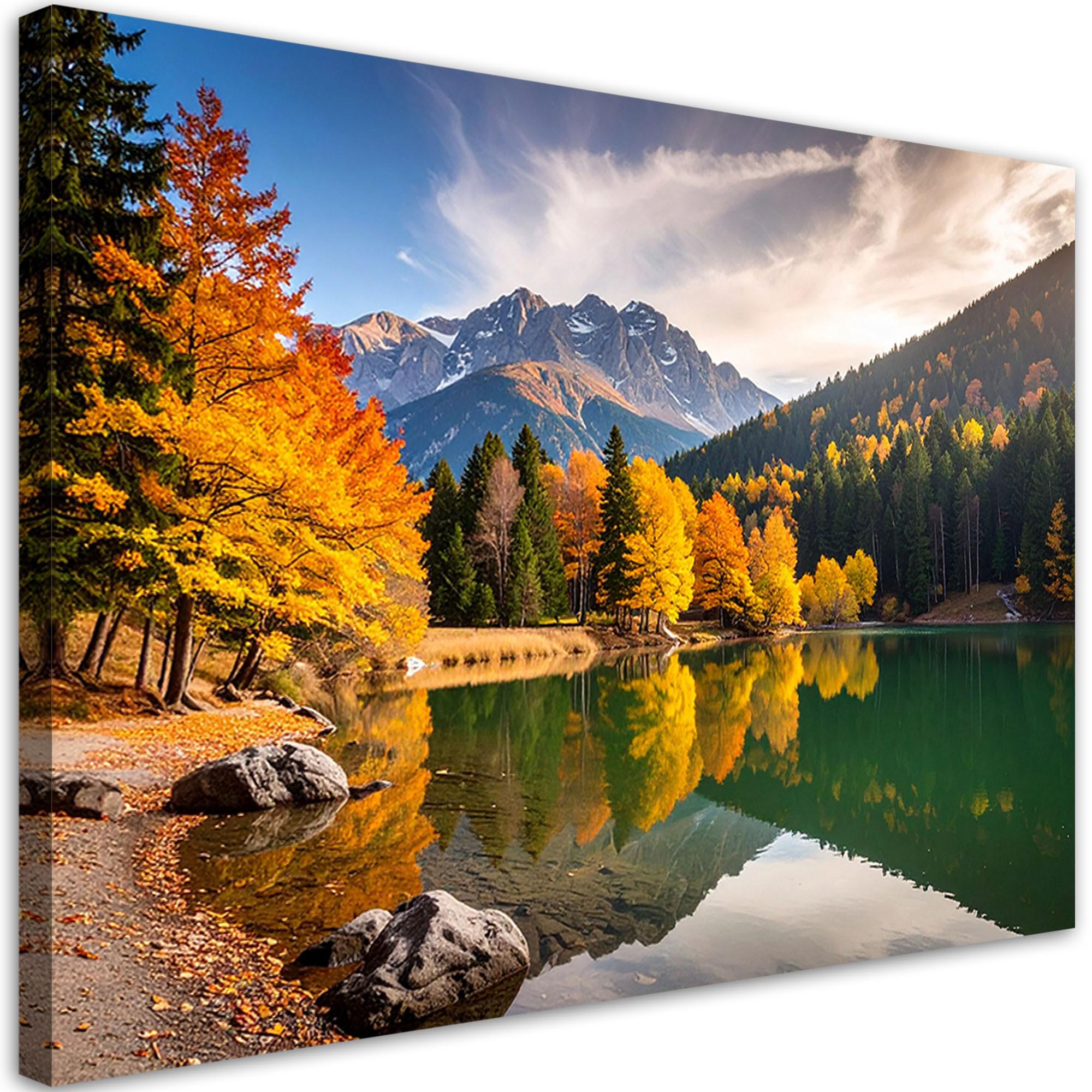 LEINWANDBILD Herbstlandschaft See Berge 60x40cm - Gelb, Textil (60/40cm) - Feeby