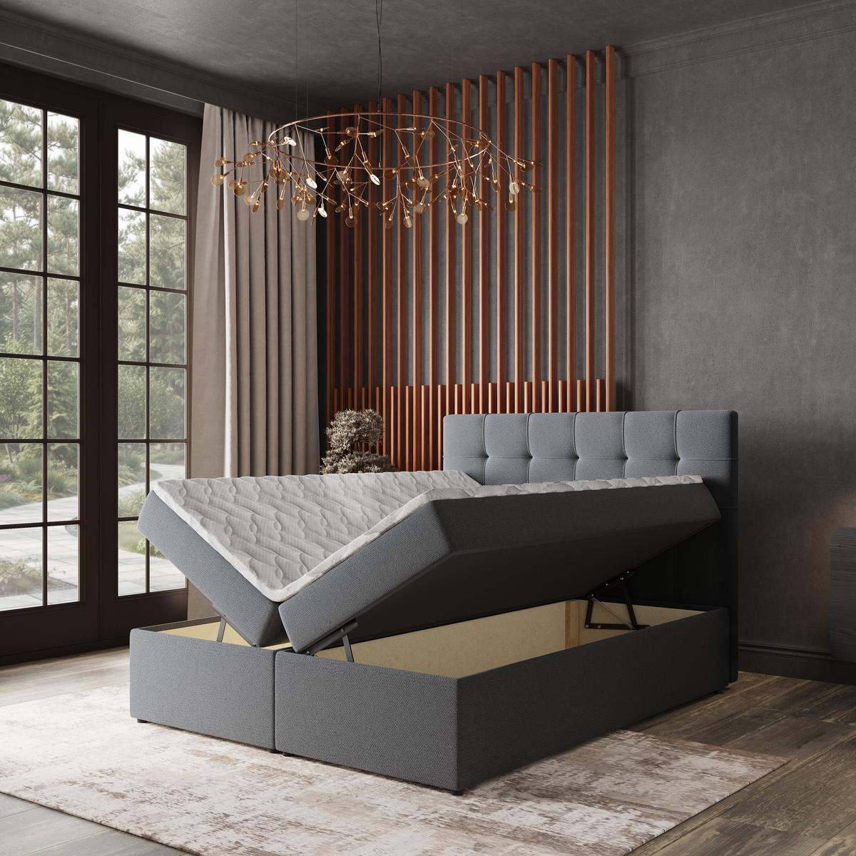BOXBETT PALMA 180x200 cm mit Matratze und Topper, H2+H3 - Graphitfarben - Graphitfarben, Holz (180/200cm) - MASSENO