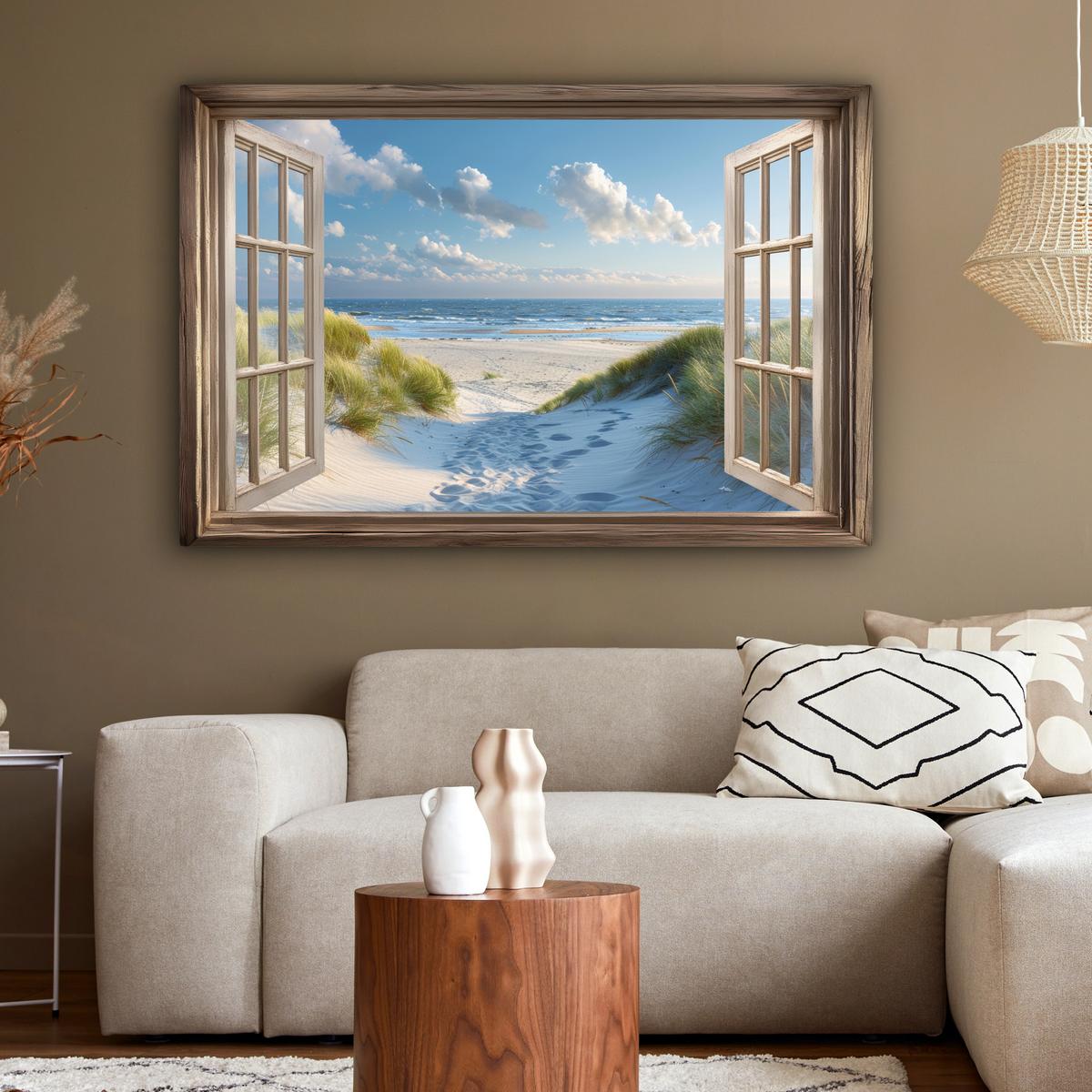 LEINWANDBILD Aussicht - Strand - Fenster - Dünen - Meer Wohnzimmer Groß 120x80 cm - Hellblau, Textil (120/80cm) - MuchoWow