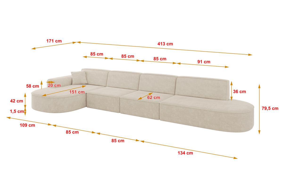 ECKSOFA Ottomane Links MARI-L3 - 413x171x79 cm Beige Velours - Beige/Schwarz, Holzwerkstoff/Kunststoff (413/171cm) - ALTDECOR