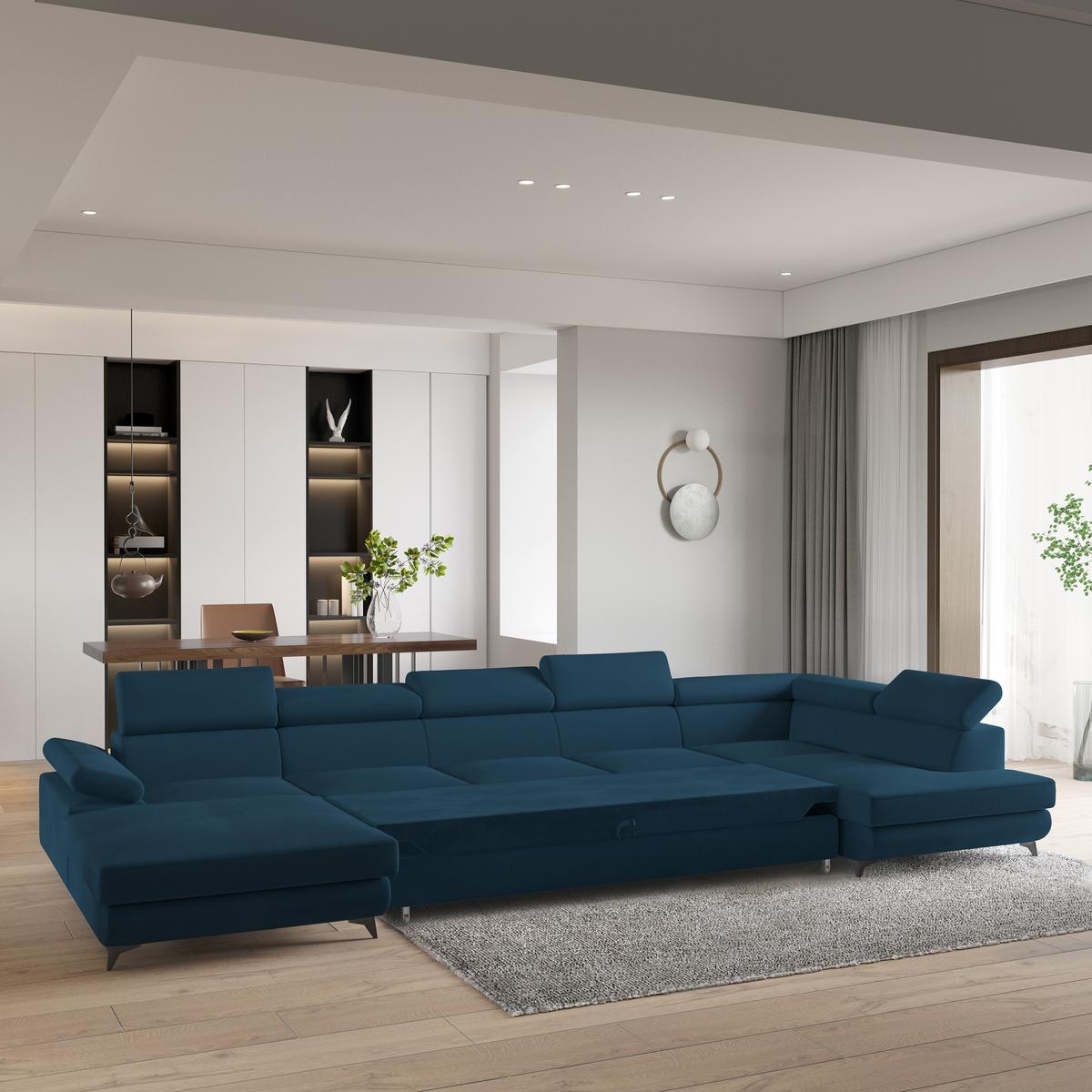 WOHNLANDSCHAFT MONTIVA Blau Velours-Stoff mit Schlaffunktion - Blau, Holz (410/89/190cm) - MASSENO