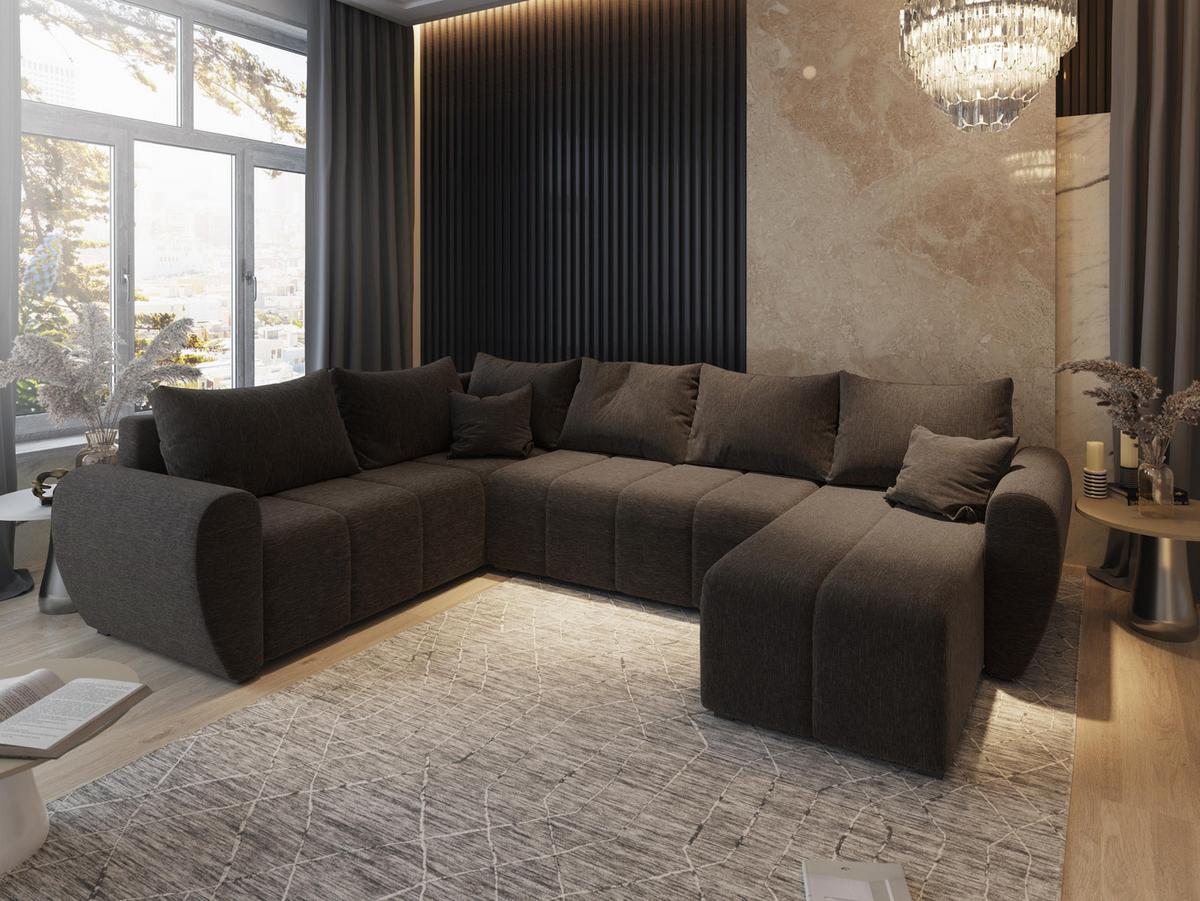 WOHNLANDSCHAFT MADISON XL L-S Braun Dünner Stoff mit Schlaffunktion - Schwarz/Braun, Holz/Kunststoff (303/82/208cm) - MASSENO