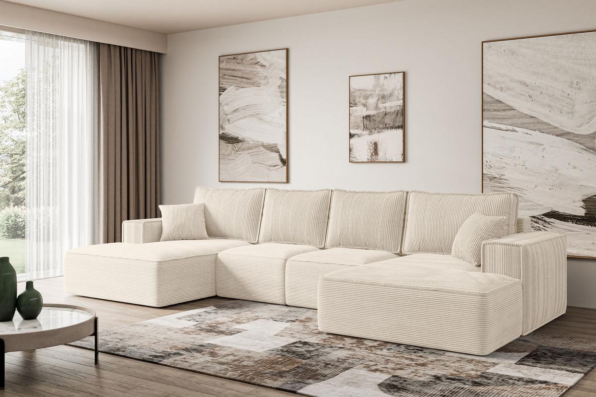 WOHNLANDSCHAFT mit Schlaffunktion und Bettkasten SIERRA-U-S - 349x161x87 cm Beige Cord - Beige/Schwarz, Holzwerkstoff/Kunststoff (349/87/161cm) - ALTDECOR