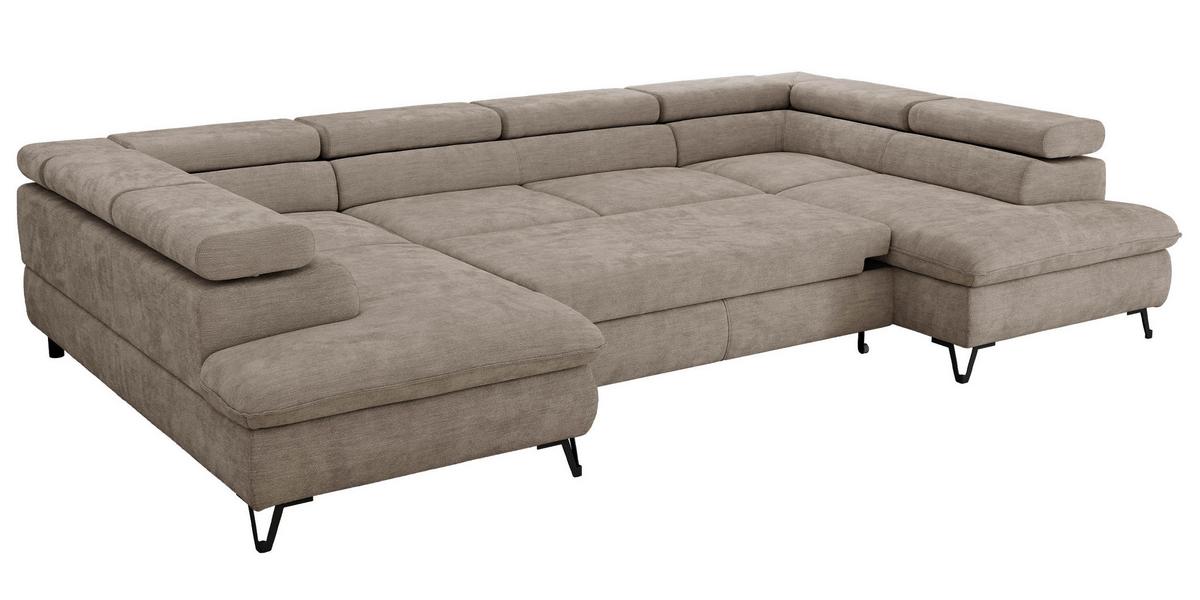 WOHNLANDSCHAFT PABLO U Schenille glatt Hellgrau mit Topper Visco - Hellgrau/Schwarz, Textil/Metall (346/76/208cm) - MKS