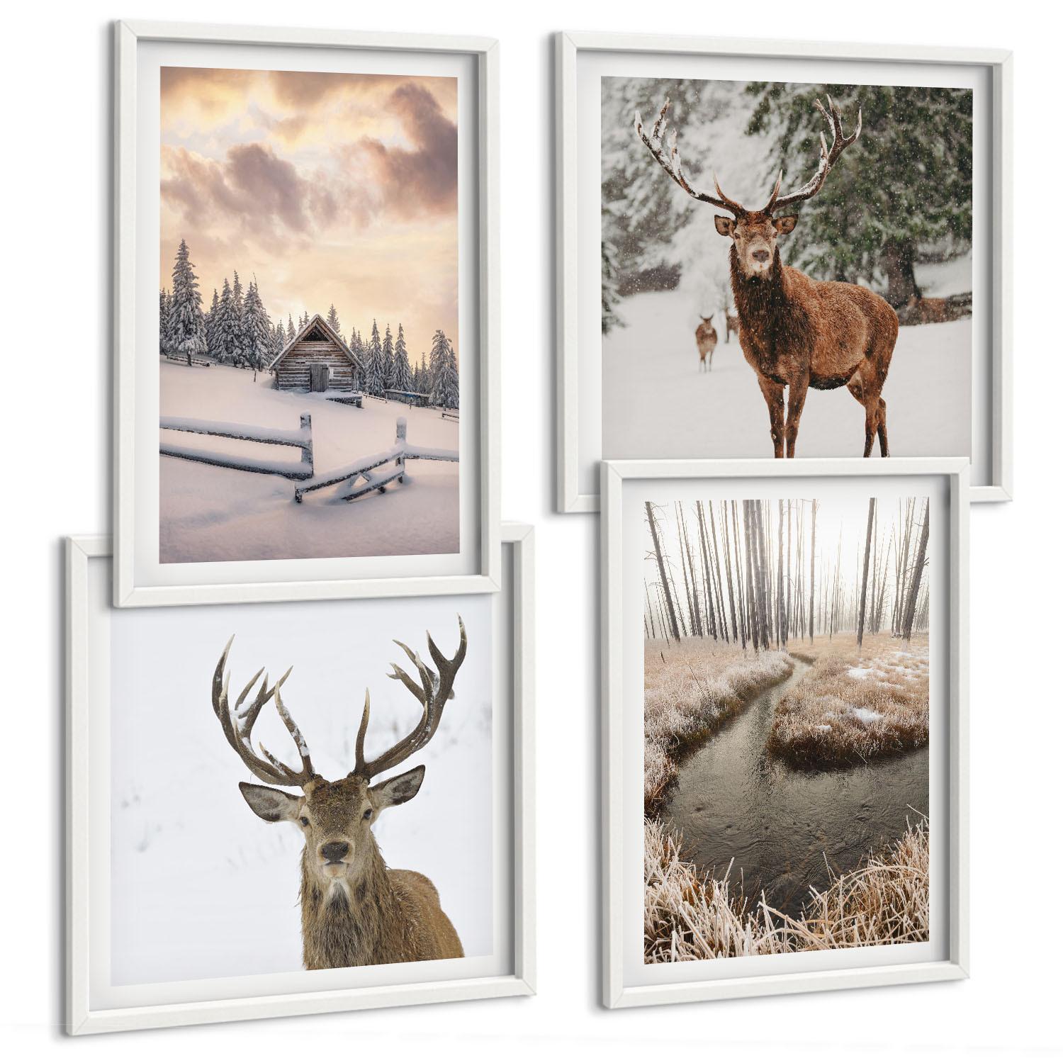 BILDER SET 4er Set - 50x50 cm & 40x60 cm Weißer Rahmen - Winterlandschaft mit Hirschen - Weiß, Kunststoff (50/50cm) - TULUP