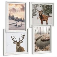 BILDER SET 4er Set - 50x50 cm & 40x60 cm Weißer Rahmen - Winterlandschaft mit Hirschen - Weiß, Kunststoff (50/50cm) - TULUP