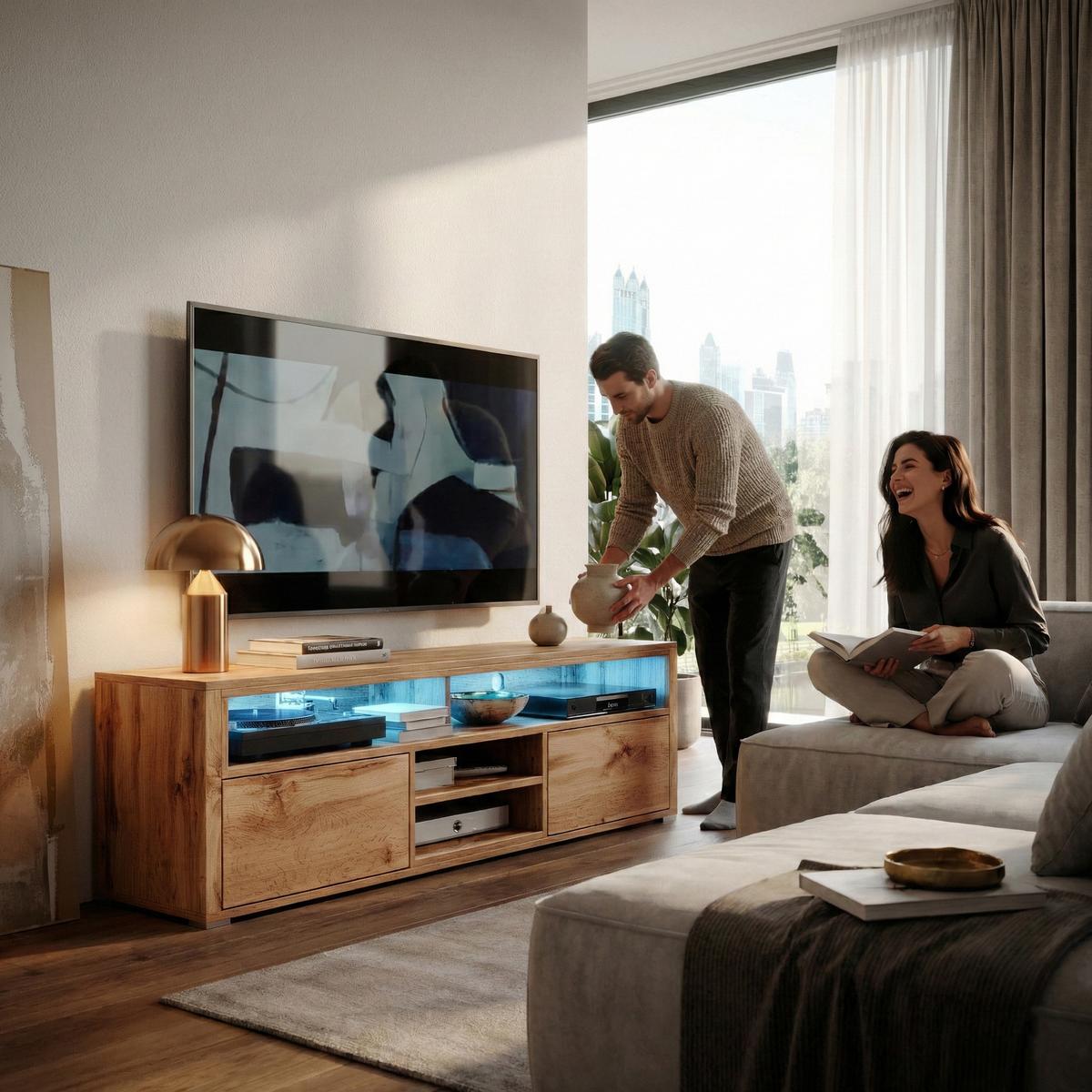 TV-ELEMENT Bella mit 2 Türen und offenem Regal, eiche Wotan - Eichefarben, Holzwerkstoff (137/42.5/33cm) - Beautysofa