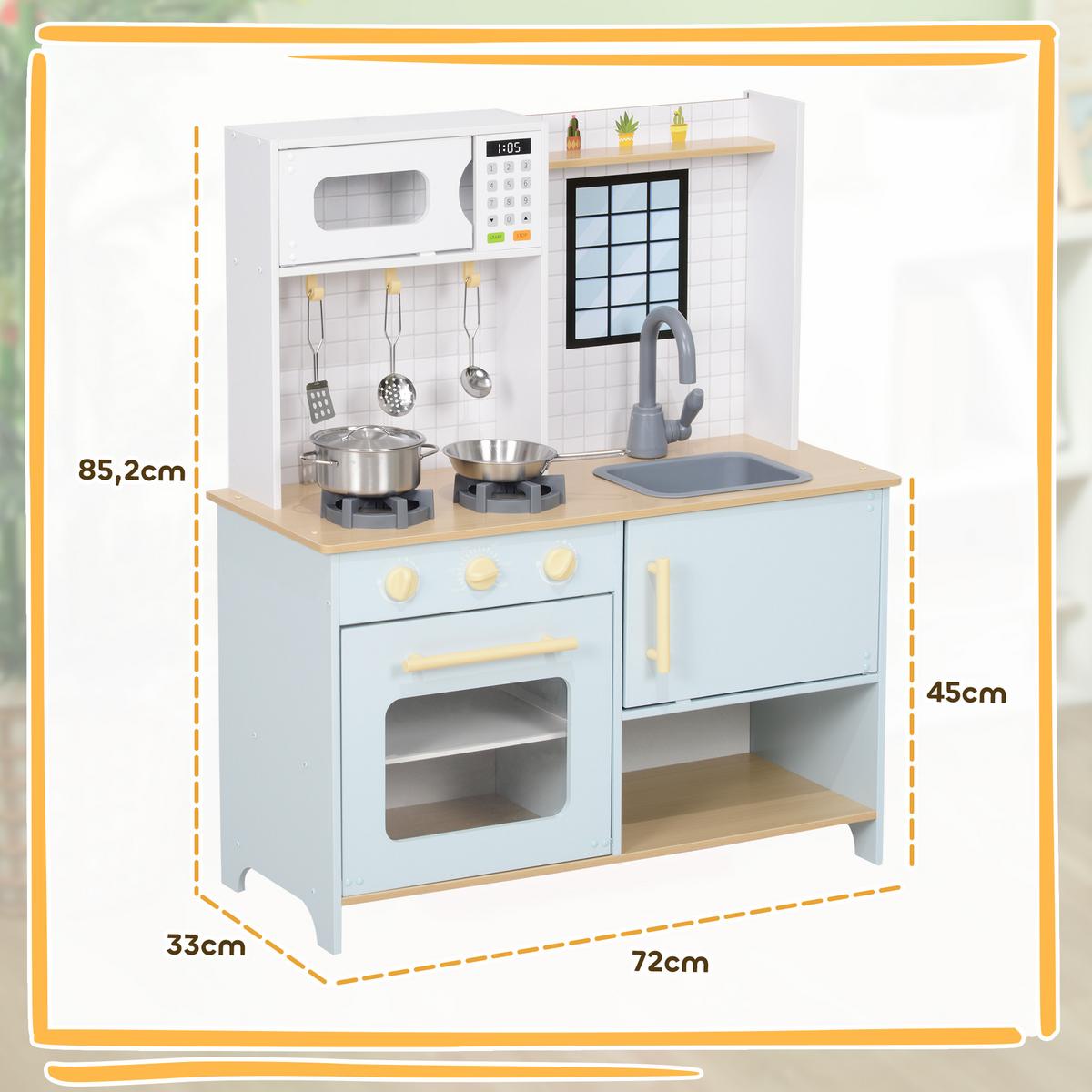 KINDERKÜCHE Spielküche mit Mikrowelle, Herd und Backofen, Küchenzubehör - Blau, Holzwerkstoff (72/33/85.2cm) - AIYAPLAY