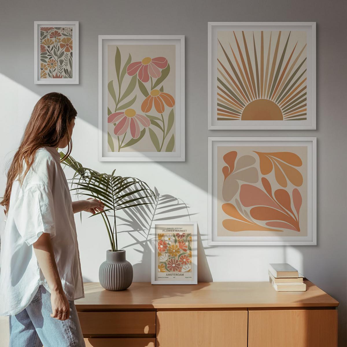 BILDER SET 5er Set - 50x50 cm & 20x30 cm & 40x60 cm Weißer Rahmen - Pastellfarbene Sonnenblumen - Weiß, Kunststoff (40/60cm) - TULUP