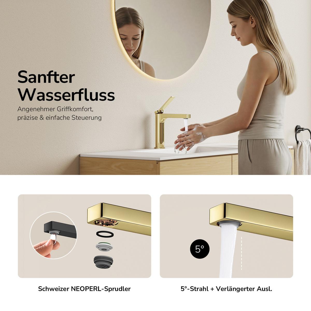 WASCHTISCHARMATUR mit Spulen-Zertifiziertem Filterelement Champagnergold 17,3/19,5 cm - Goldfarben, Metall (17.3/4.6/19.5cm) - EMKE