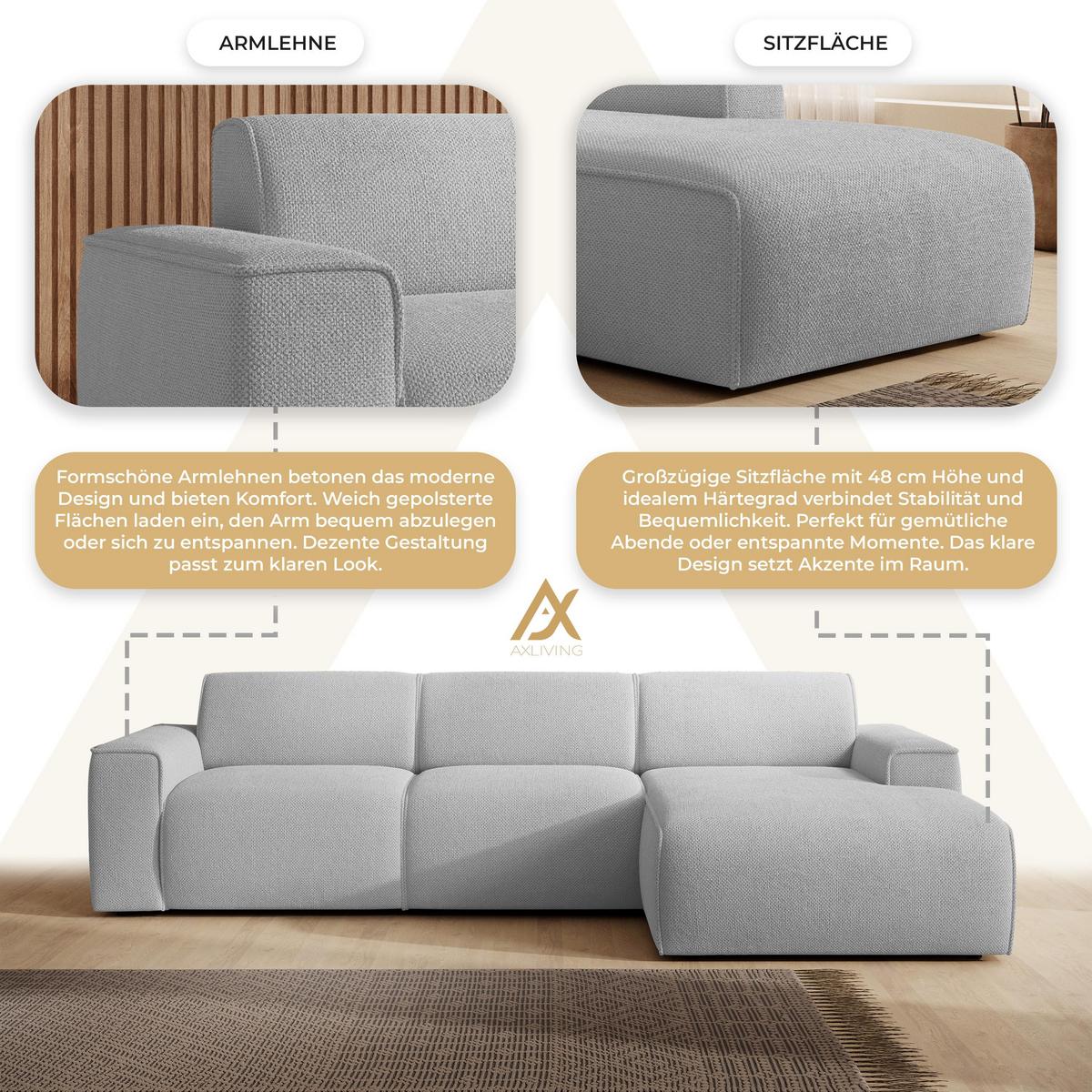 ECKSOFA L Form Didim mini Hellgrau 310/165/78 cm – stilvolle kleine Eckcouch R - Hellgrau/Schwarz, Kunststoff/Textil (310/165cm) - AX Living