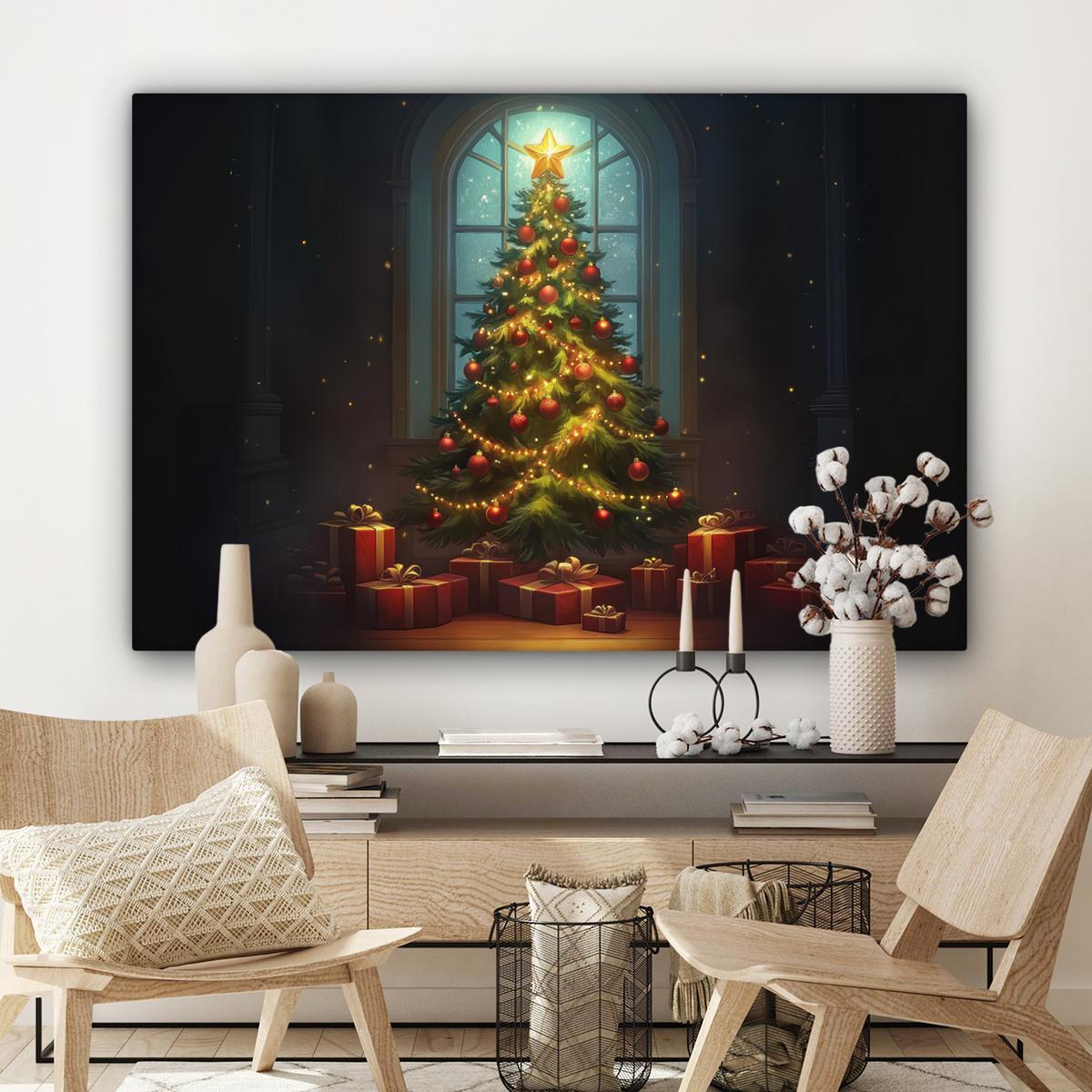 LEINWANDBILD Weihnachtsbaum - Geschenk - Winter Groß 140x90 cm - Grün, Textil (140/90cm) - MuchoWow
