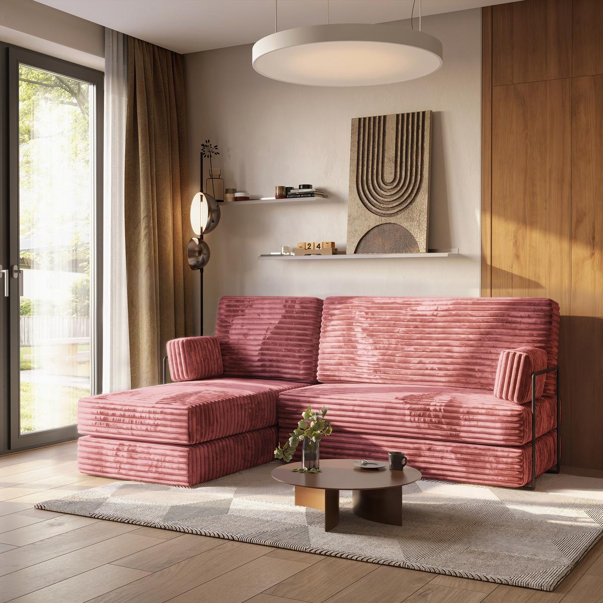 ECKSOFA NOTIA modulares Boneless Sofa mit Schlaffunktion Rosa Kordstoff - Rosa, Textil (200/120cm) - MASSENO