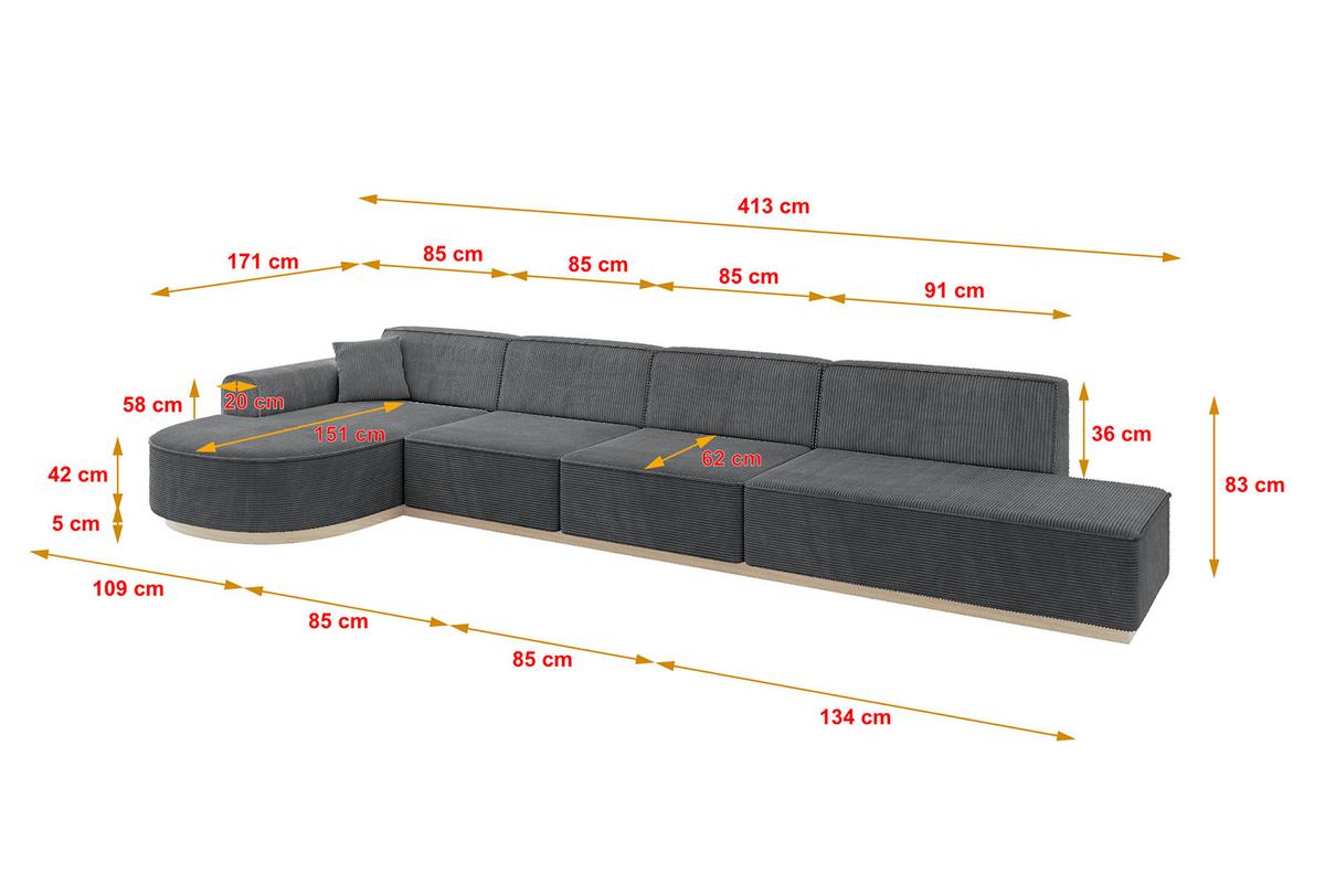 ECKSOFA Ottomane Links ARRIO-L3 - 413x171x83 cm Dunkelgrau - Dunkelgrau, Holzwerkstoff/Textil (413/171cm) - ALTDECOR