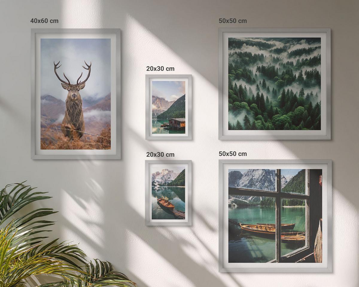 BILDER SET 5er Set - 50x50 cm & 20x30 cm & 40x60 cm Silberner Rahmen - Nebel auf dem Bergsee, Bootsfahrten, Nebel - Silberfarben, Kunststoff (40/60cm) - TULUP