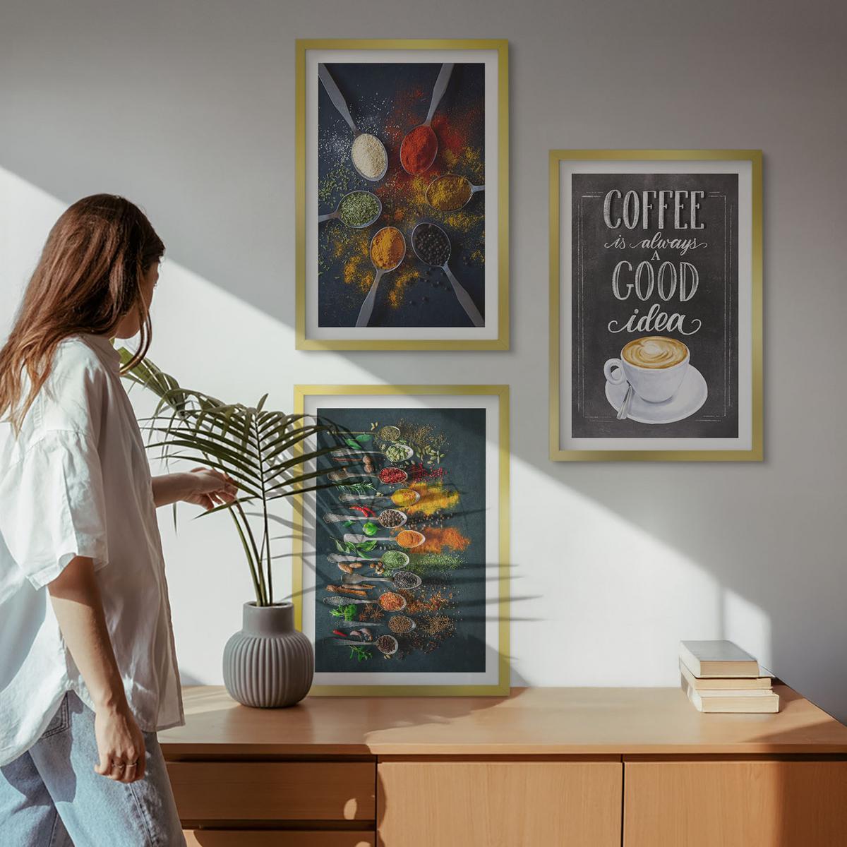 BILDER SET 3er Set - 40x60 cm Goldrahmen - Gewürze, Kaffee, Kräuter, Muster - Goldfarben, Kunststoff (40/60cm) - TULUP