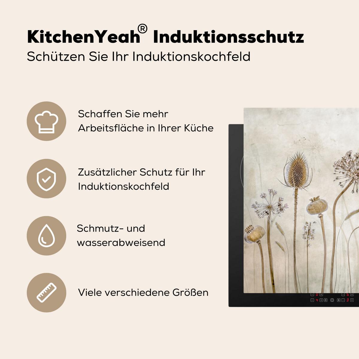 HERDABDECKPLATTE Blumen - Aquarell - Stilleben - Braun - Vintage Induktionsmatte 78x78 cm - Sandfarben, Kunststoff (78/78/0.2cm) - MuchoWow