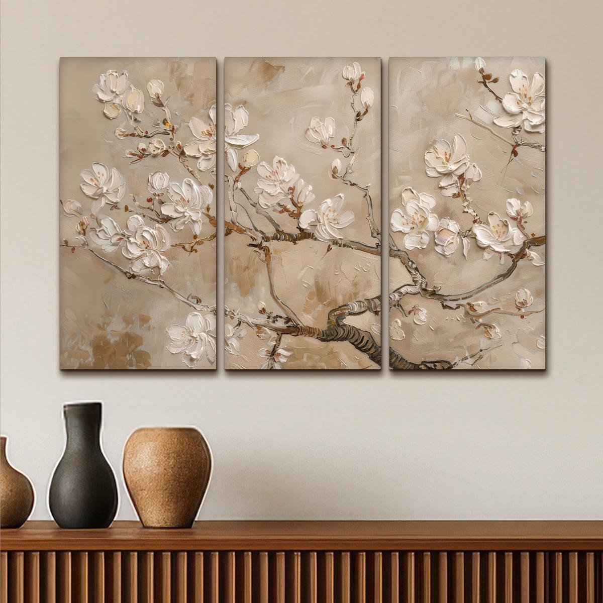 LEINWANDBILD 3er Set Beige - Blüte - Modern 90x60 cm - Beige, Textil (90/60cm) - MuchoWow