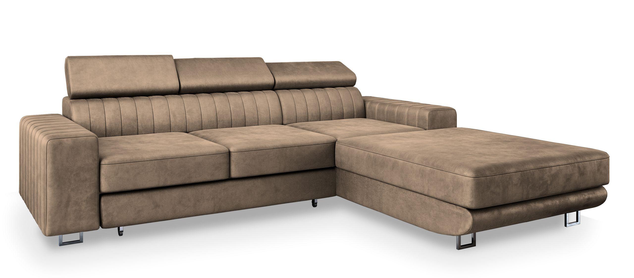 ECKSOFA NOTO R-S Beige Velours-Stoff mit Schlaffunktion - Beige/Silberfarben, Holz/Textil (267/190cm) - MASSENO