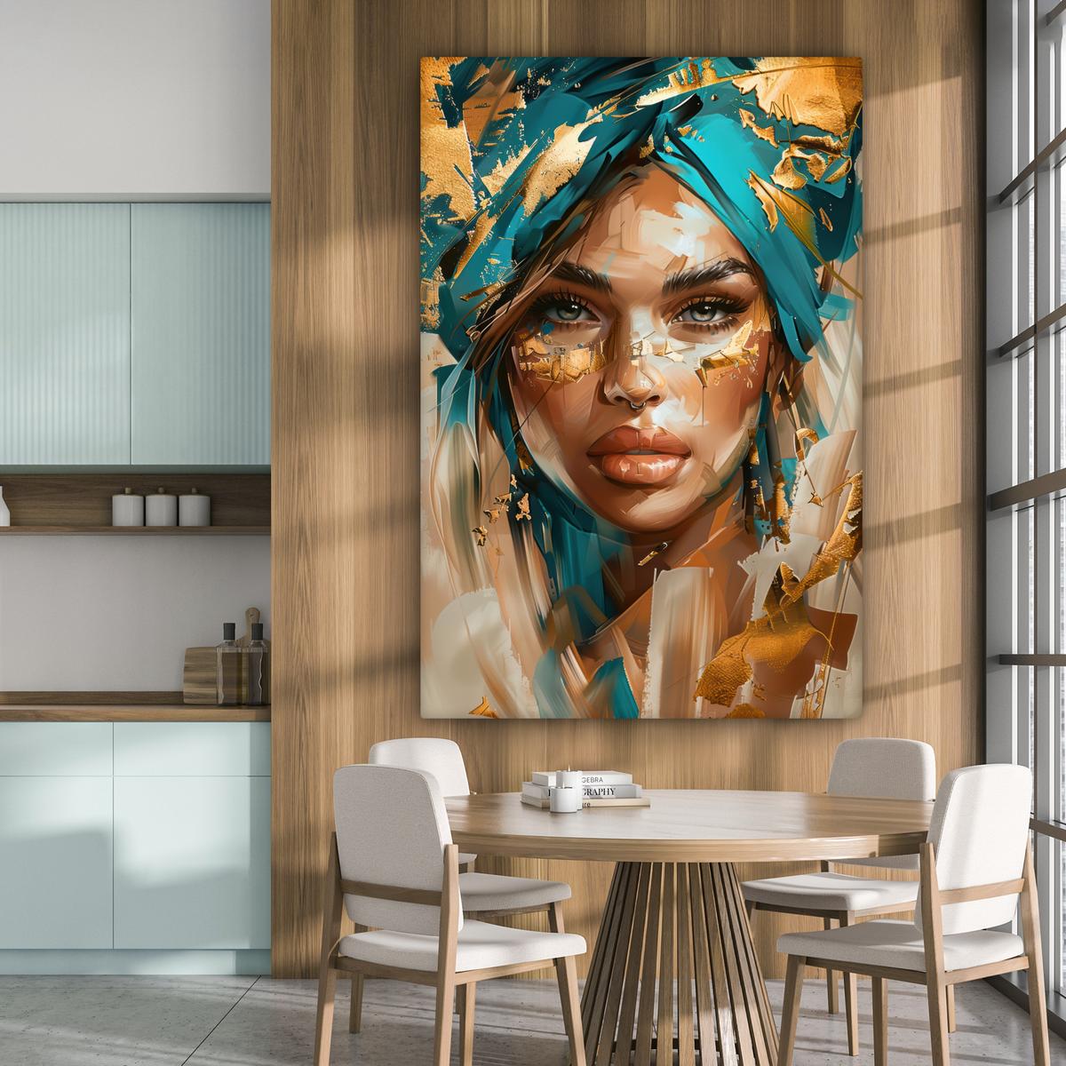 LEINWANDBILD Frau - Porträt - Gold - Luxus - Blau Deko Groß 90x140 cm - Türkis, Textil (90/140cm) - MuchoWow