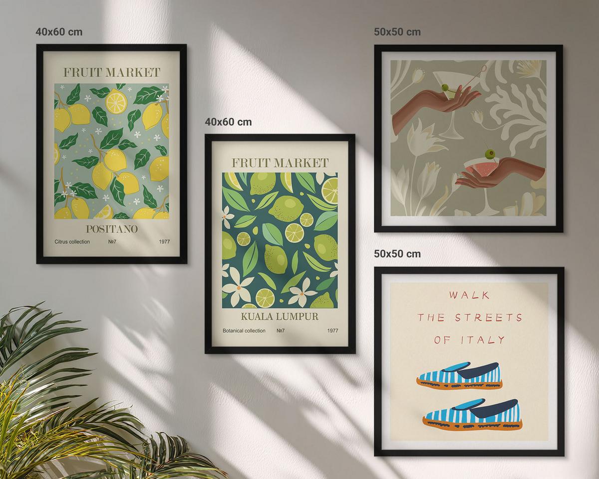 BILDER SET 4er Set - 50x50 cm & 40x60 cm Schwarzer Rahmen - Italienische Poster mit Fruchtmotiven - Schwarz, Kunststoff (50/50cm) - TULUP