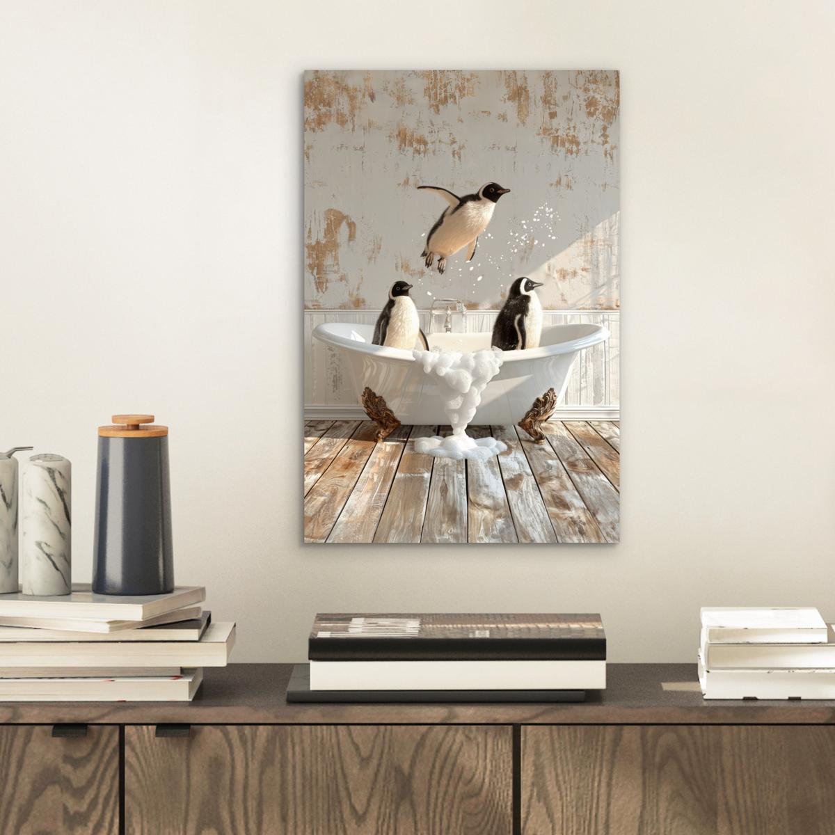 METALLBILD Vintage - Pinguin - Badewanne - Schaumstoff 20x30 cm - Schwarz, Metall (20/30cm) - MuchoWow