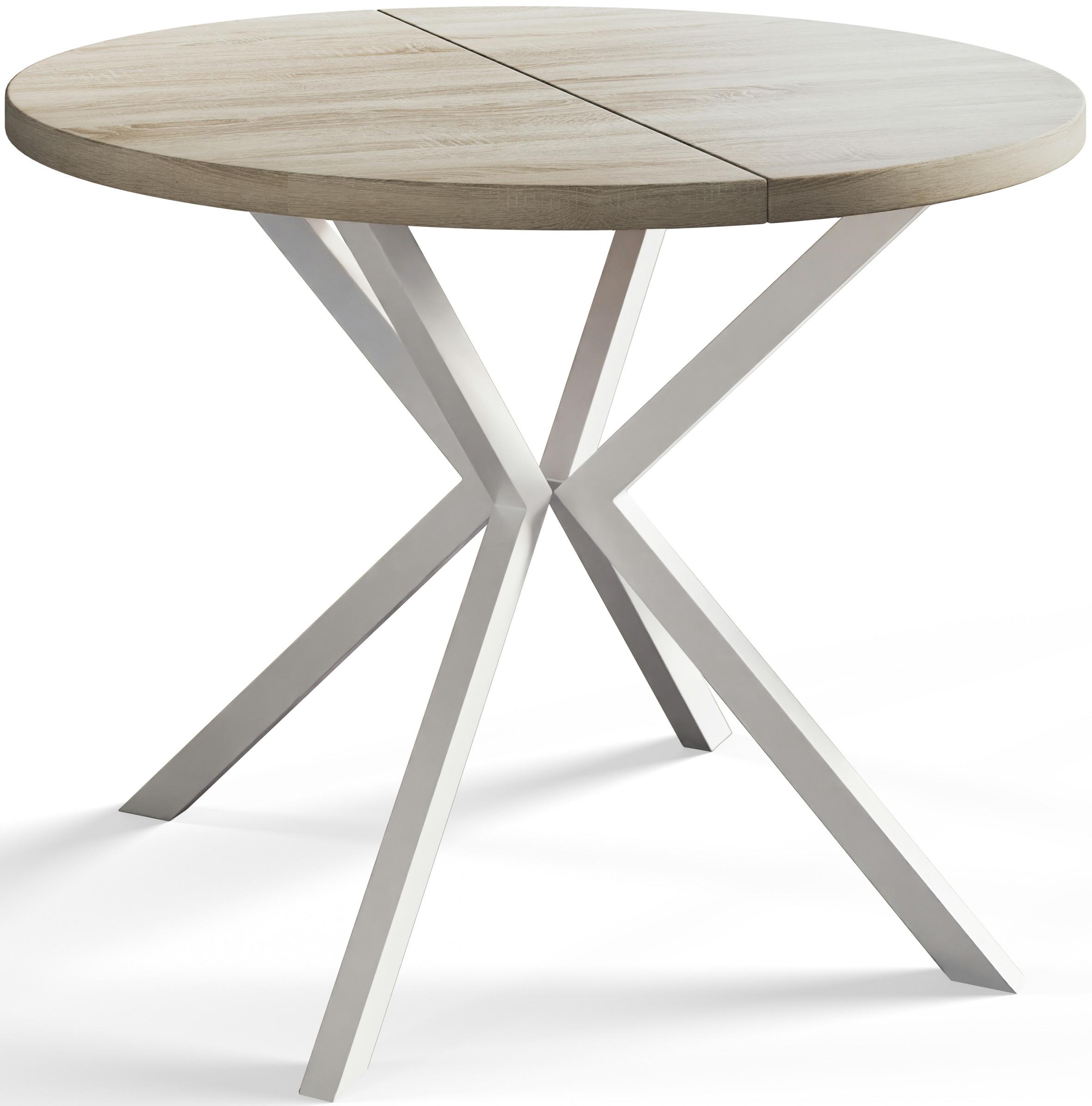 RUNDER Esszimmertisch LOFT LITEN, ausziehbarer Tisch Durchmesser: 100 cm/180 cm, Wohnzimmertisch Farbe: Beige, mit Metallbeinen in Farbe Weiß - Weiß/Sonoma Eiche, Holzwerkstoff (100/100/76cm) - Alpi-Möbel