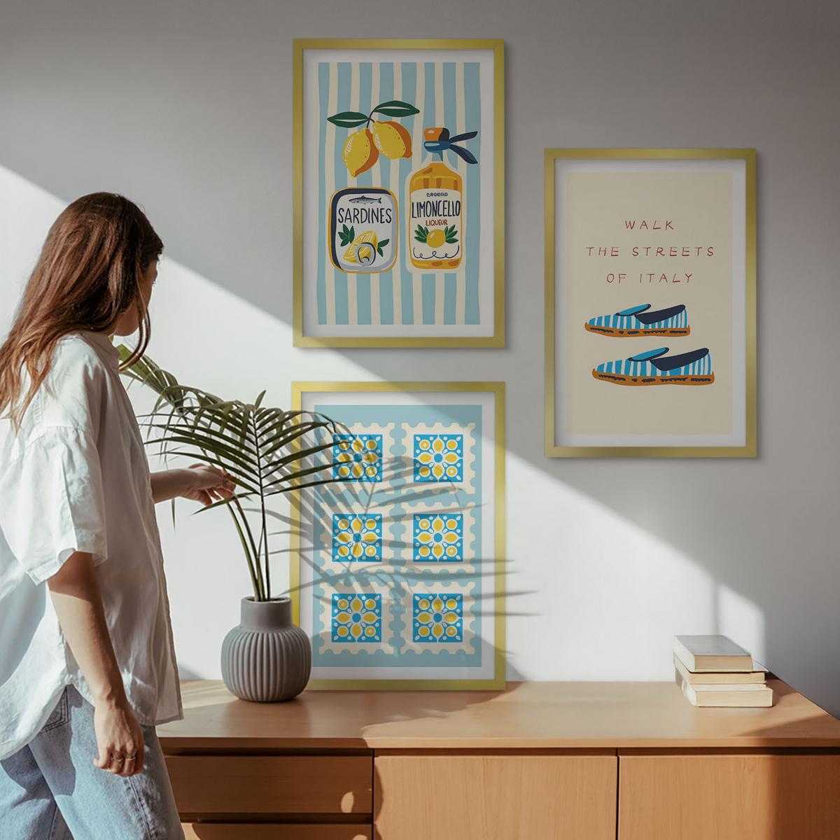 BILDER SET 3er Set - 40x60 cm Goldrahmen - Früchte, Elemente der italienischen Kultur - Goldfarben, Kunststoff (40/60cm) - TULUP