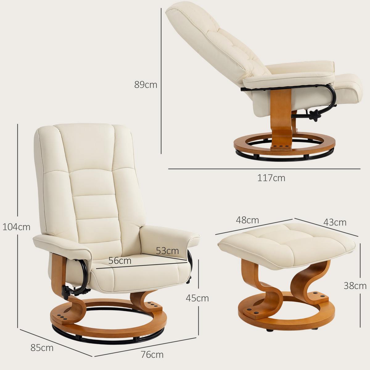 RELAXSESSEL-MIT-HOCKER 2er Set Kunstleder Holz Cremeweiß - Creme/Naturfarben, Holz/Kunststoff (85/104/76cm) - HOMCOM