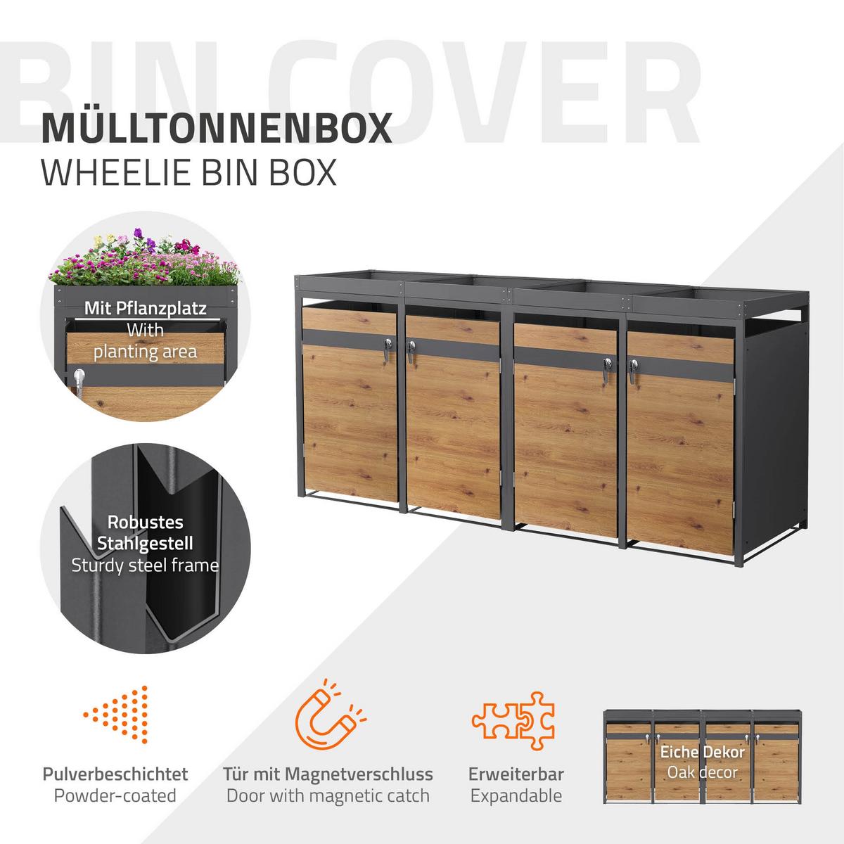MÜLLTONNENBOX 4er mit Pflanzdach Anthrazit-Holzoptik - Braun, Metall (264/124/80cm) - ML-DESIGN