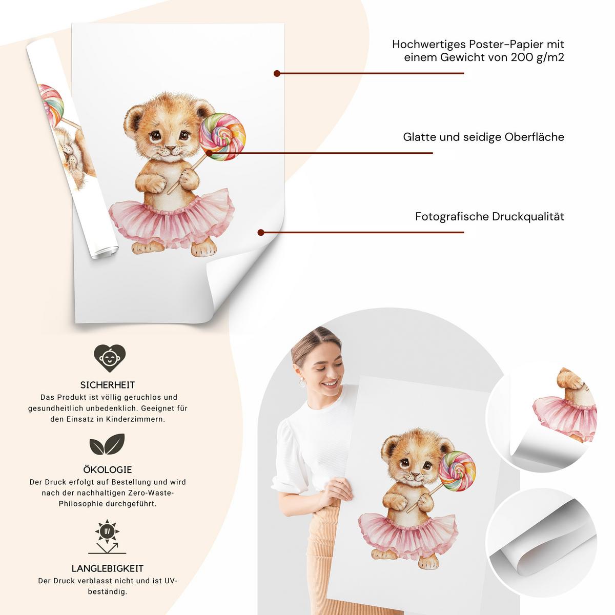 POSTER SET ohne Rahmen für Kinder TIERE mit Lutschern 3x Poster A3 30x42cm - Gelb/Beige, Papier (30/42/1cm) - Muralo