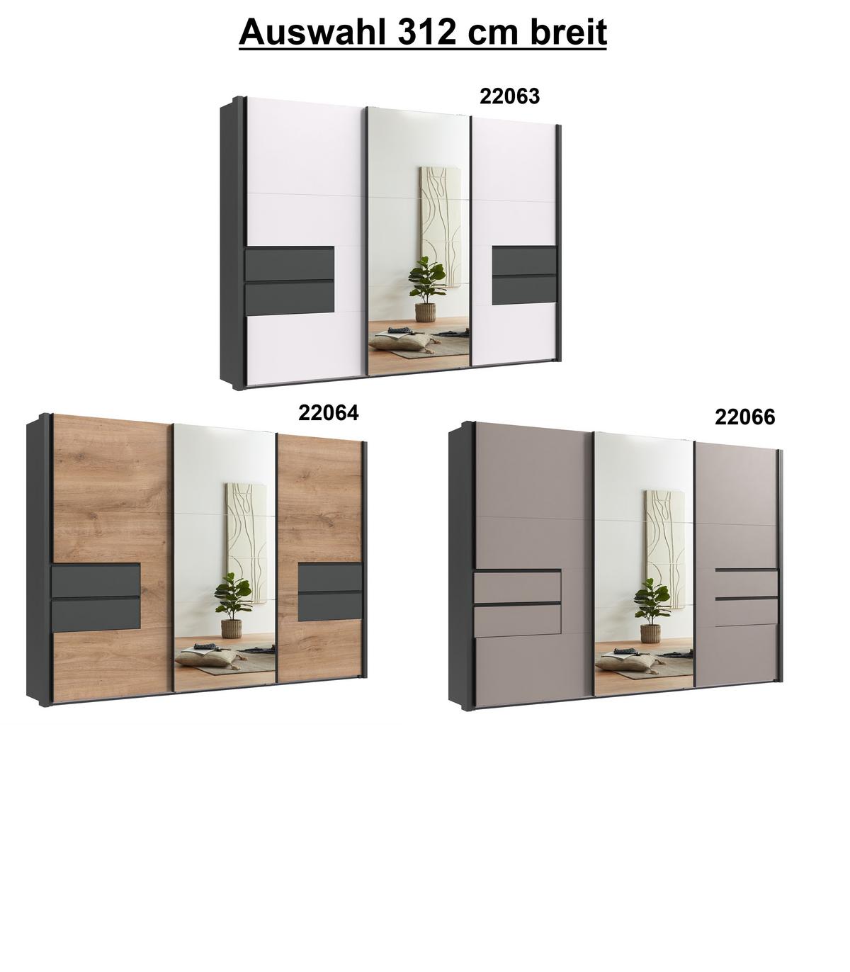 SCHWEBETÜRENSCHRANK 3-türig B312/H216/T65 cm, Korpus& Passepartout&Schubladen Grafit, Türen Eiche Dekor/Spiegel, Kleiderschrank inkl.Vollausst./ 22064 - Eichefarben/Bordeaux, Holzwerkstoff/Metall (312/216/65cm) - luma-home