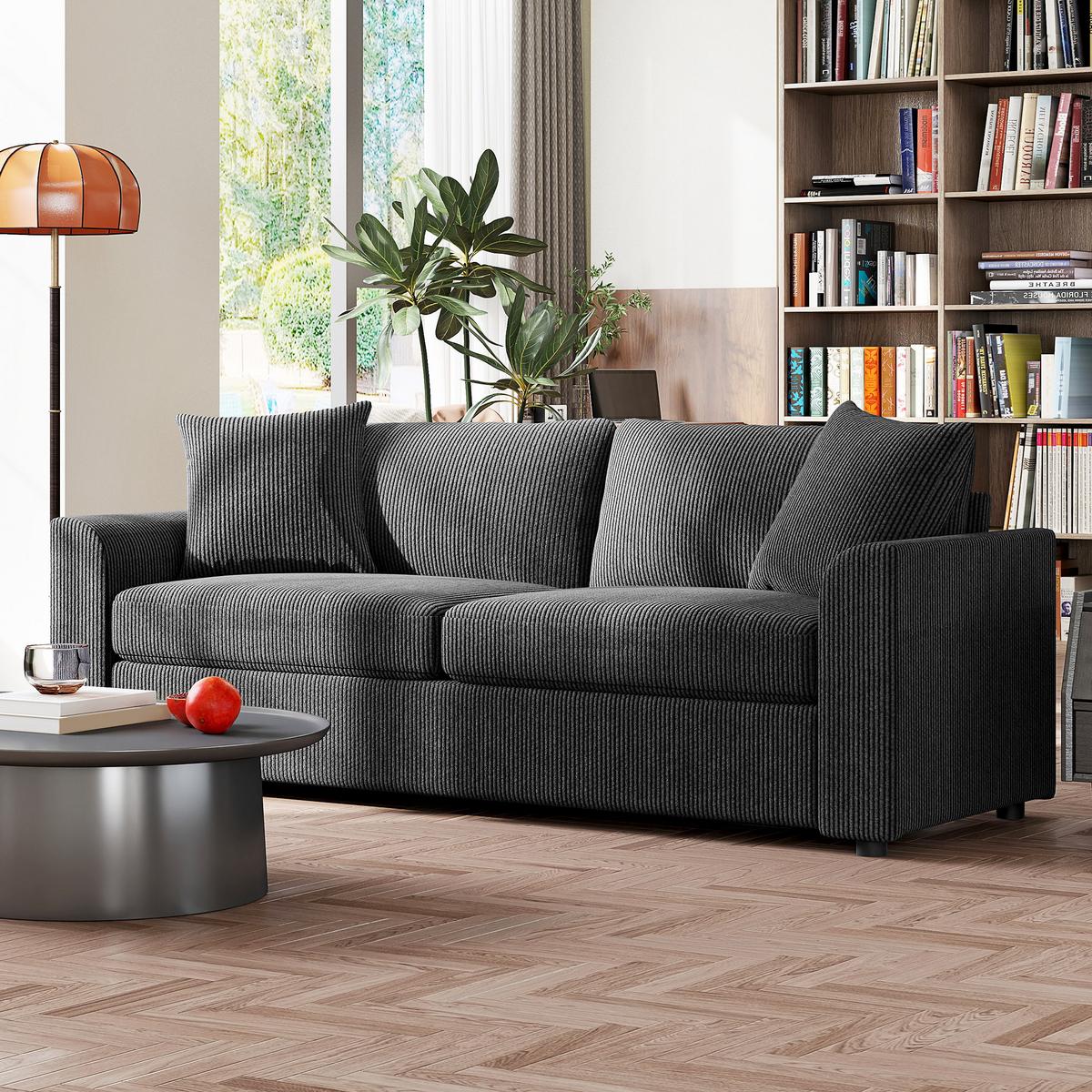 3-SITZER-SOFA, Couch mit Armlehnen, Zierkissen, Polstersofa mit Cordbezug, Grau - Dunkelgrau/Schwarz, Kunststoff/Textil (80/88/212cm) - HOMCOM