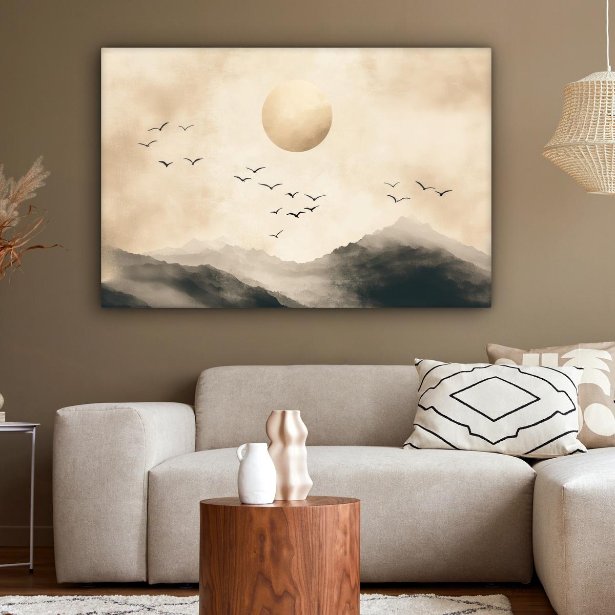 LEINWANDBILD Landschaft - Japandi - Vogel Wohnzimmer Groß 120x80 cm - Beige, Textil (120/80cm) - MuchoWow