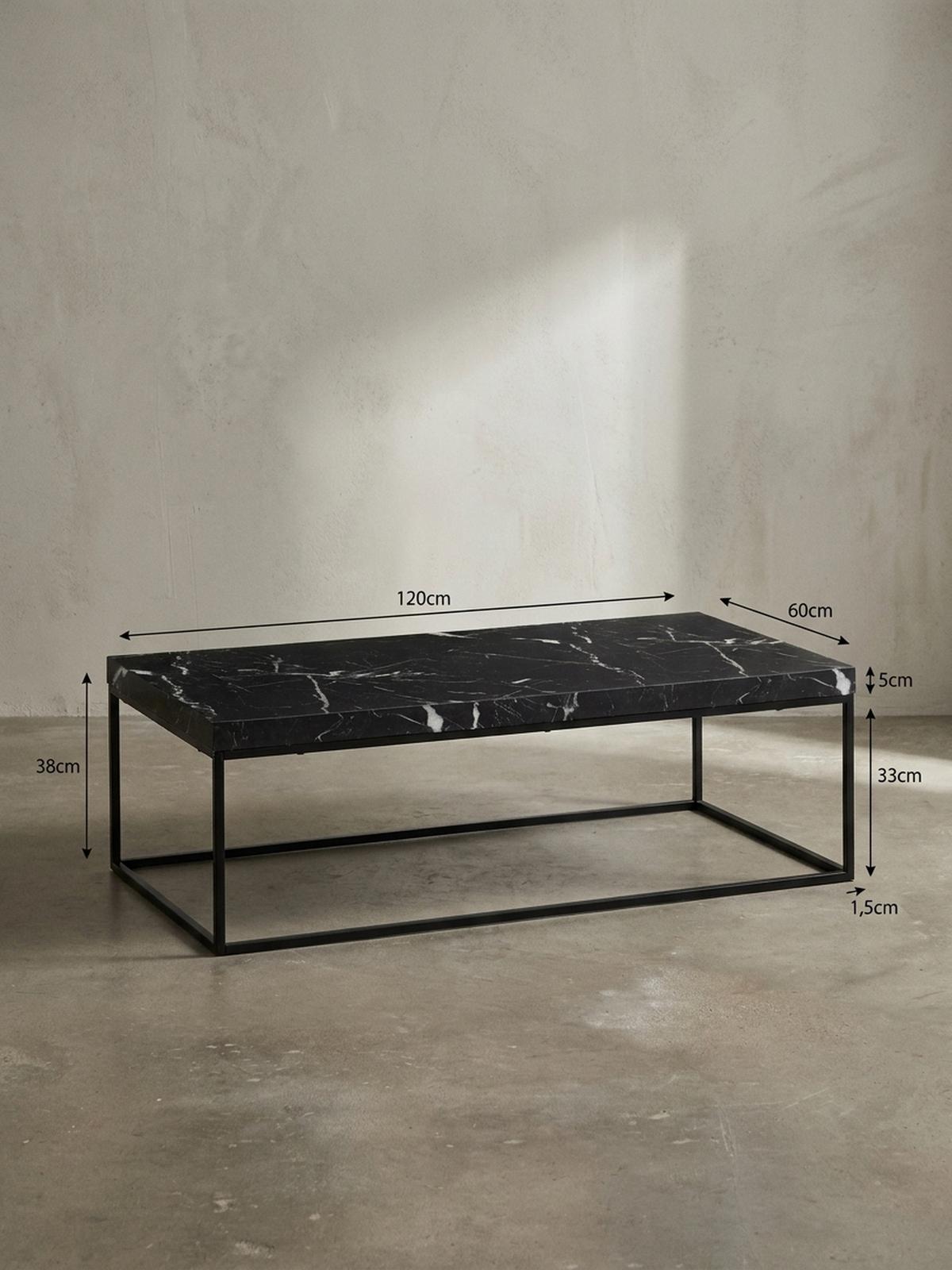 COUCHTISCH in Stein-Optik mit Metallbeinen, Modernes Design, Rechteckig, Groß, Schwarz 120x60x38 cm - Schwarz, Holzwerkstoff/Metall (60/120/38cm) - KADIMA DESIGN