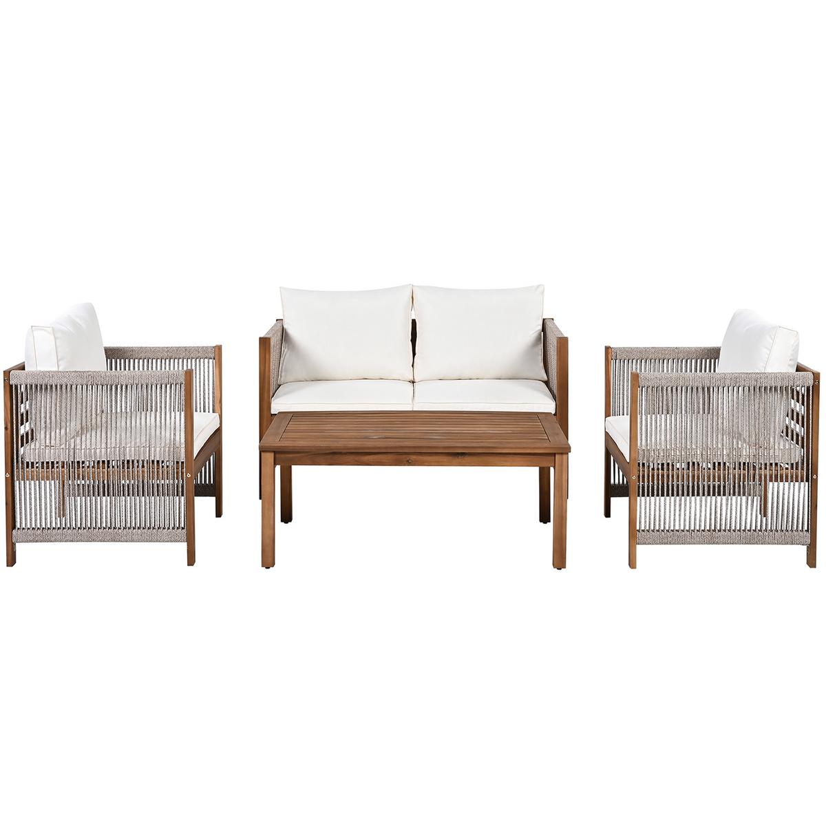 LOUNGEGARNITUR 4-tlg. Akazie & Seil Beige Gartensofa mit Tisch, 2 Sesseln & Kissen - Beige, Textil - Urban Meuble