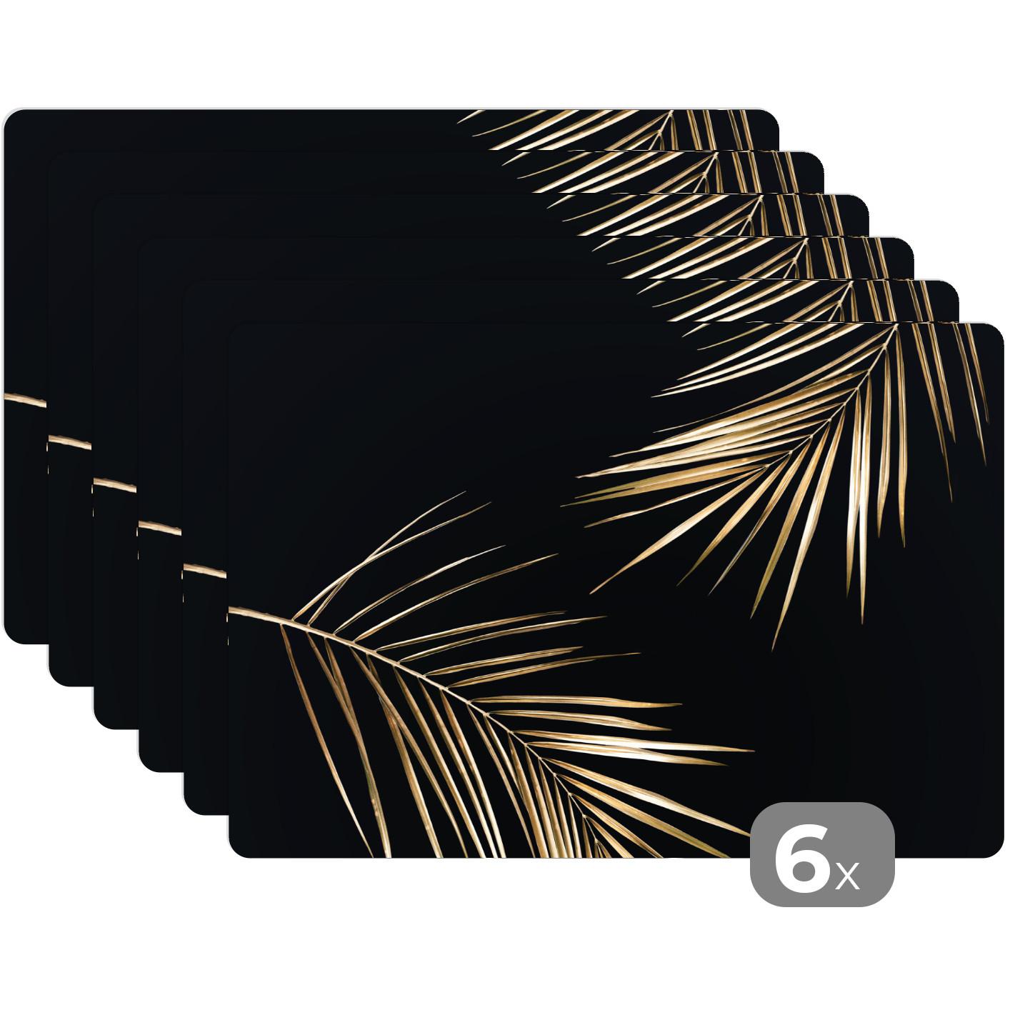 PLATZSETS 6er-Set Blätter - Pflanzen - Gold - Schwarz - Luxus Telleruntersetzer 45x30 cm - Goldfarben, Kunststoff (0.3/45/30cm) - MuchoWow