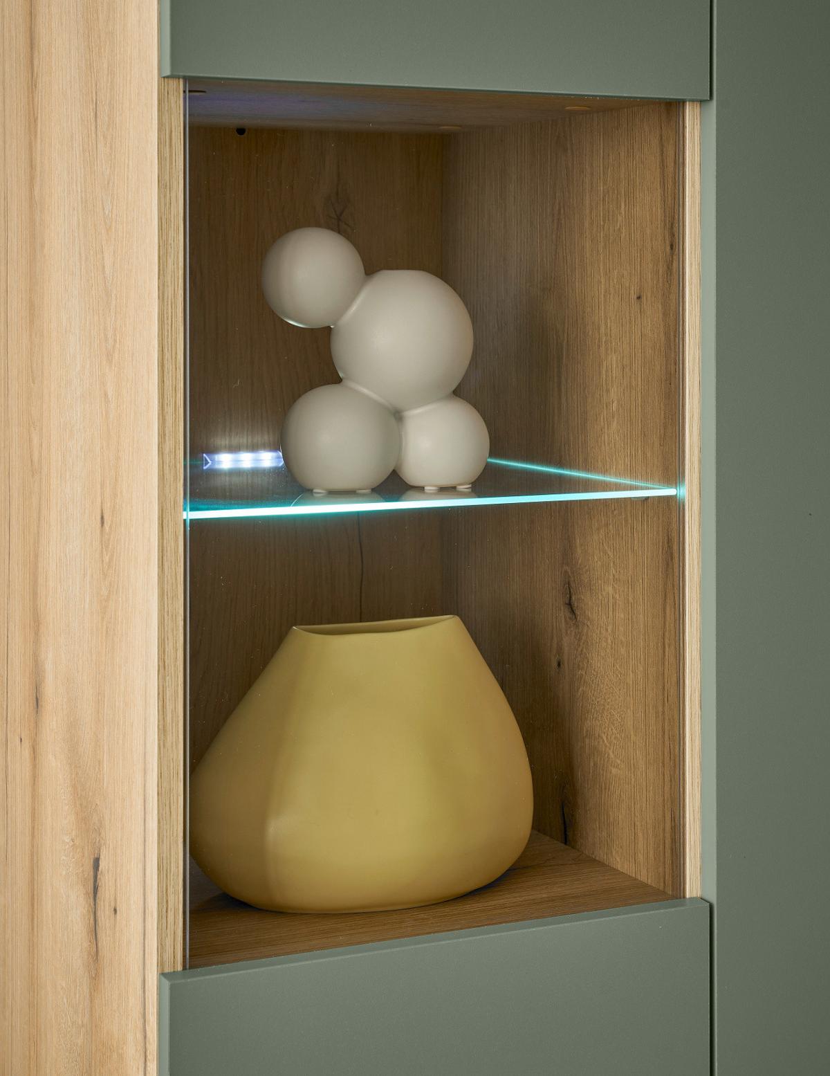 WOHNWAND 4-teilig salbei grün, Evoke Eiche, skandinavisch 324 cm, Wohnkombination - Salbeigrün/Eichefarben, Glas/Eichenholz (324/160/40cm) - Furn.Design