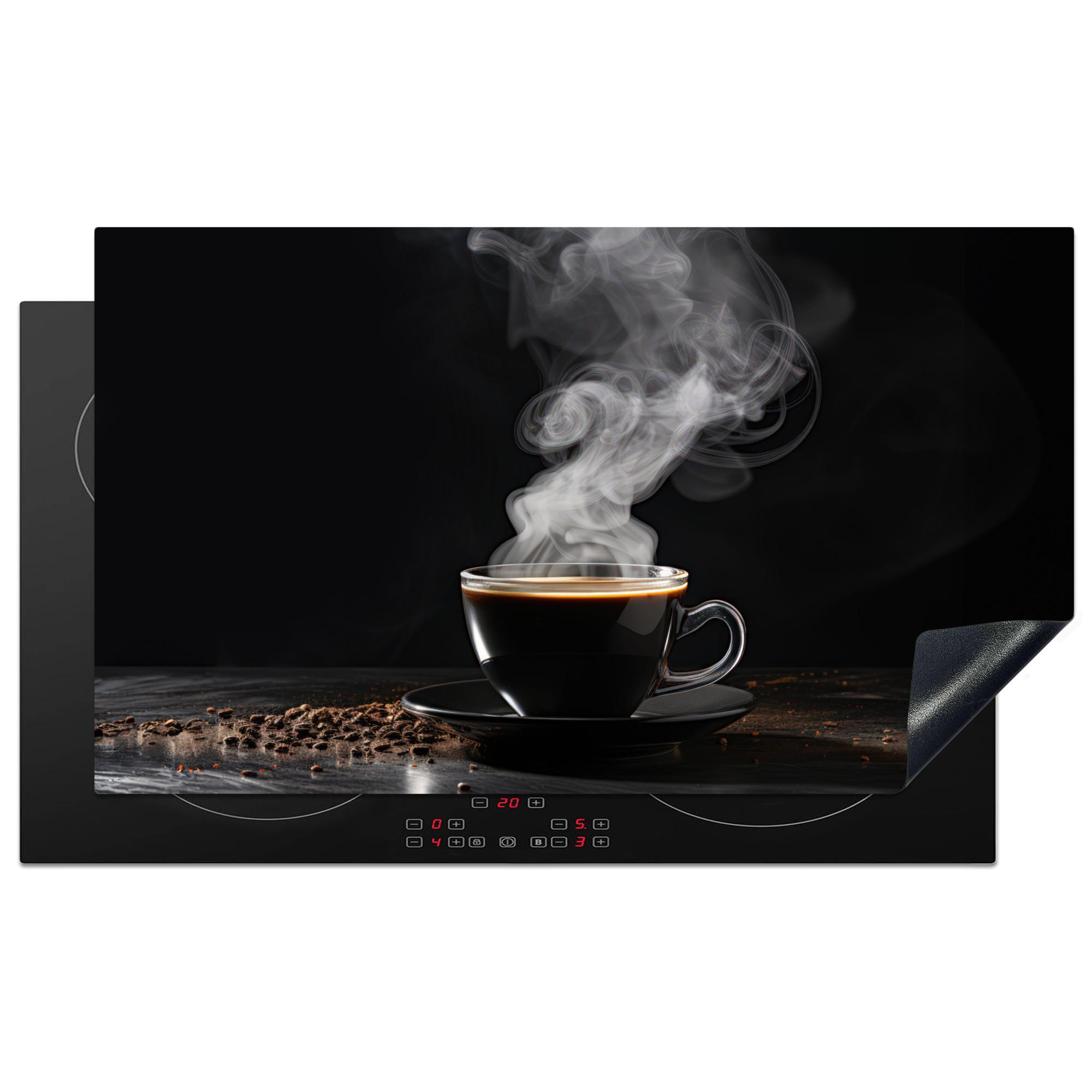 HERDABDECKPLATTE Kaffee - Schwarz - Bohnen - Heiß - Tasse Ceranfeldabdeckung 90x52 cm - Schwarz, Kunststoff (90/52/0.2cm) - MuchoWow
