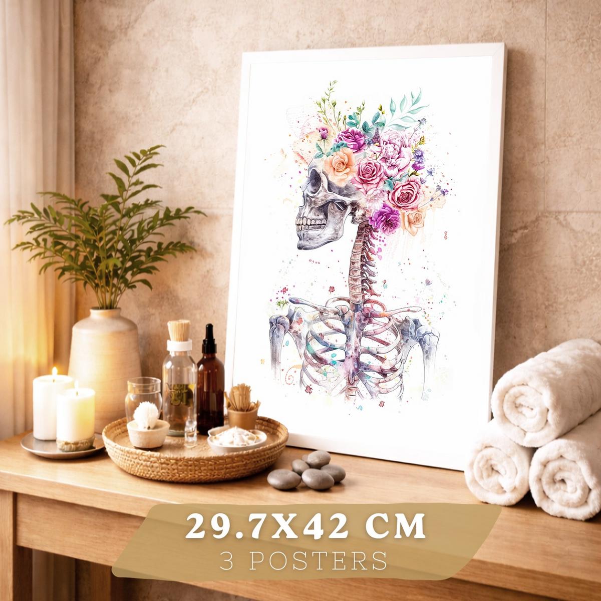 POSTER Set aus 3 Anatomie Drucke mit Skelett Schädel Wirbelsäule Rippen Lungen und Verdauungssystem Künstlerischer Größe Weißer Rahmen A3 - Weiß, Papier (29.7/42/3cm) - Nacnic