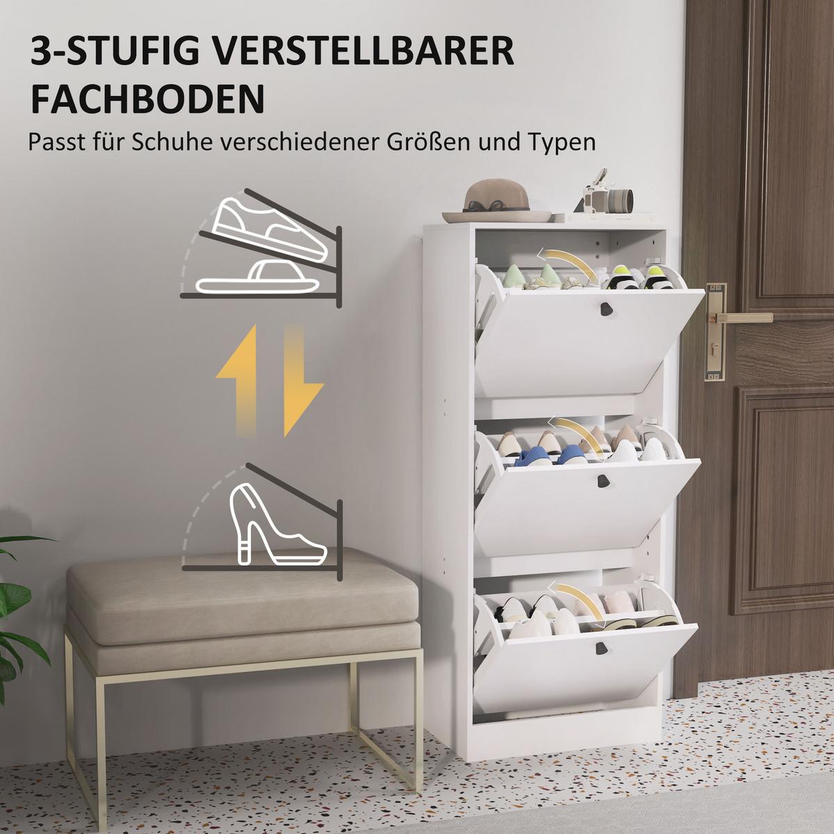 SCHUHSCHRANK mit 3 Klappen, 47 x 28 x 115 cm, Weiß - Weiß, Holzwerkstoff (28/115/47cm) - HOMCOM