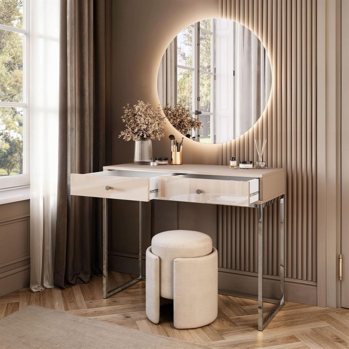 SCHMINKTISCH Blanco Glamour auf verchromtem Gestell mit LED-Spiegel silberner Griff - Kaschmir/Silberfarben, Holzwerkstoff (100/81/42cm) - Lookway