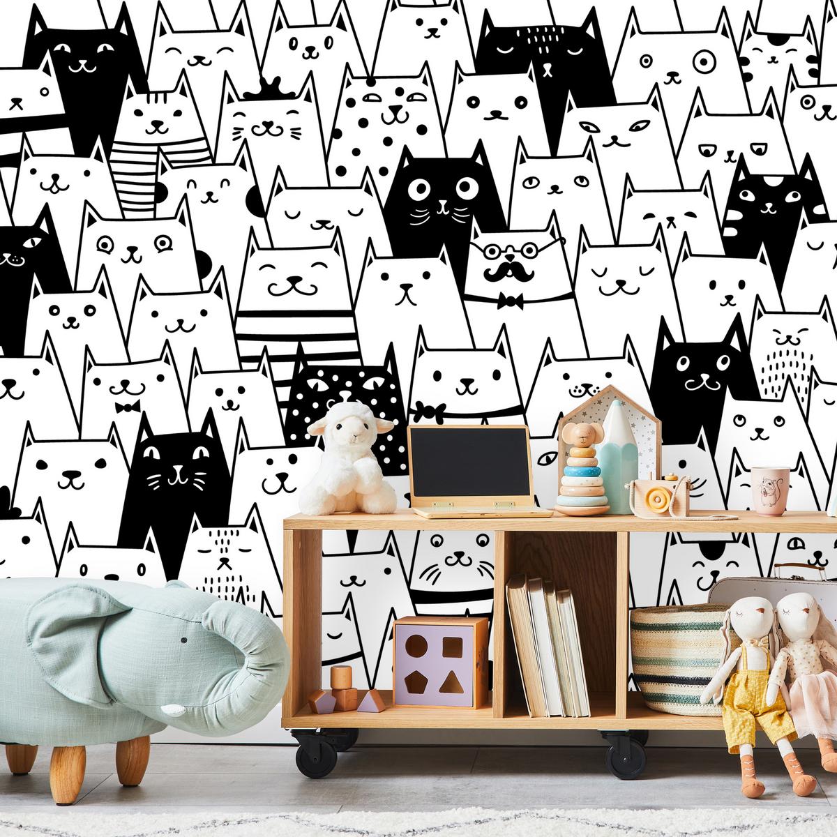 FOTOTAPETE für Kinderzimmer Schwarze Weiße Comic Katzen 100x70 - Schwarz/Weiß, Papier (100/70cm) - Muralo